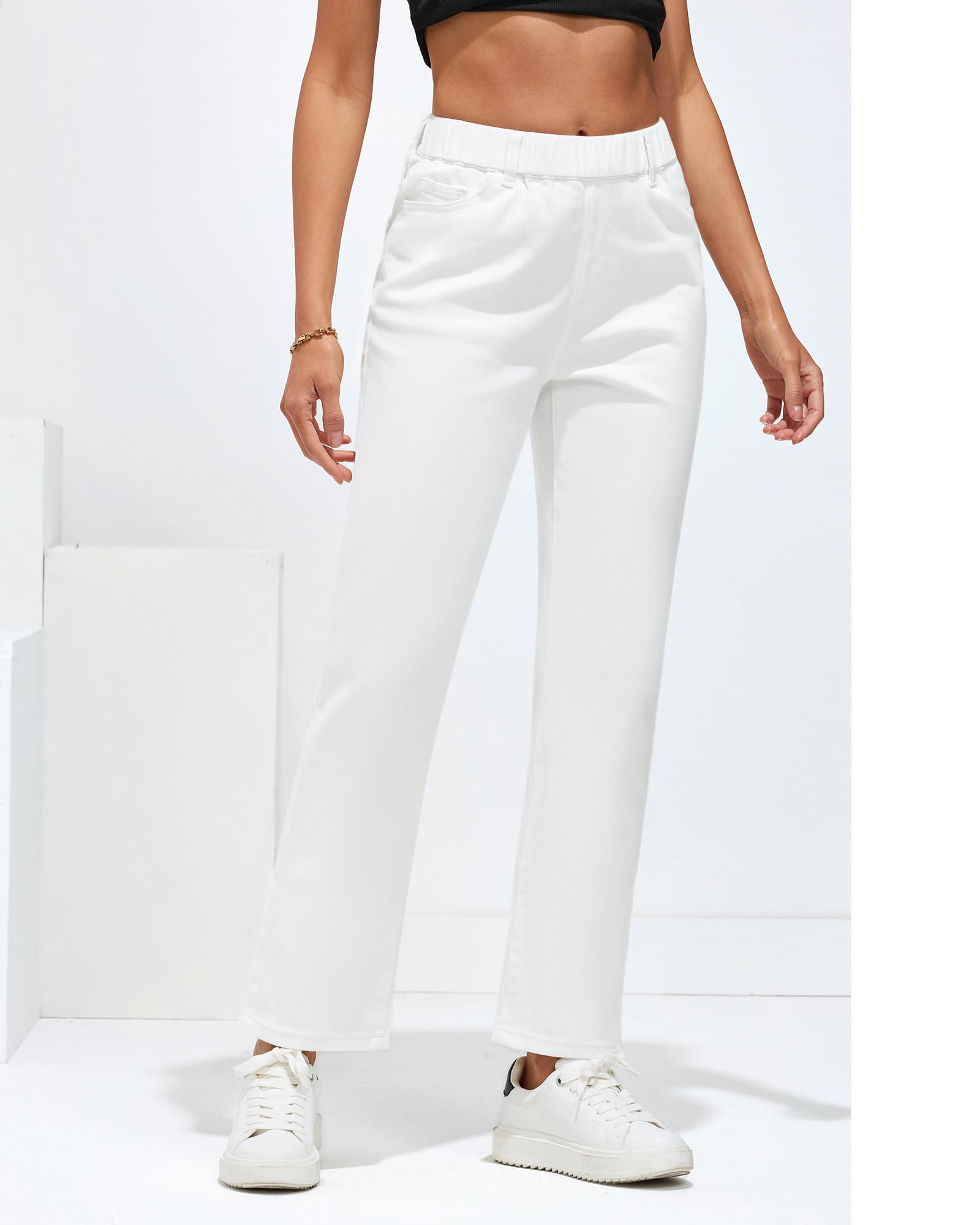 GRAPENT Straight Leg Jeans for Women Trendy Pull On High Waisted Cropped Elastic Waist Stretchy Denim Pants Ankle Jeans
