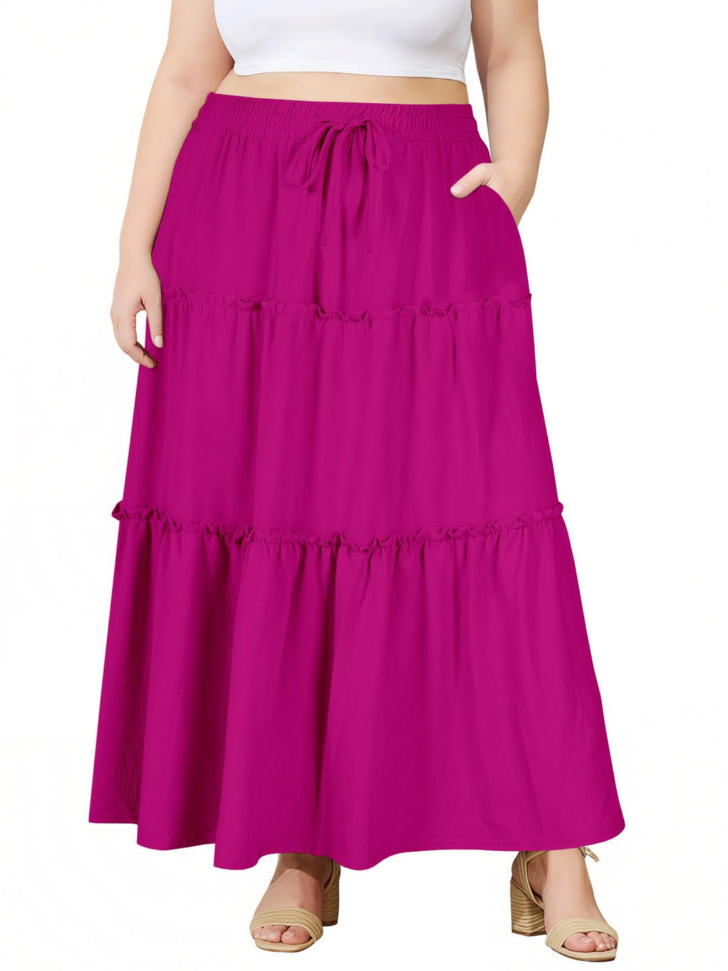 Moon Wood Plus Size Maxi Skirts for Women Trendy Long Flowy Boho Tiered Skirt Renaissance Summer Beach Skirt with Pockets