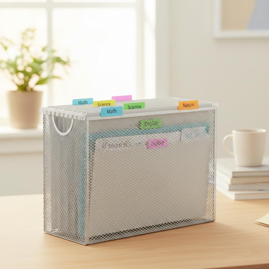 Hanging File Organizer, Letter-Size File Holder Filing Box with 5 Hanging Folders, Metal Mesh Desk File Folder Storage(No Assembly Required) (Blue, with 5 Grey Folders)