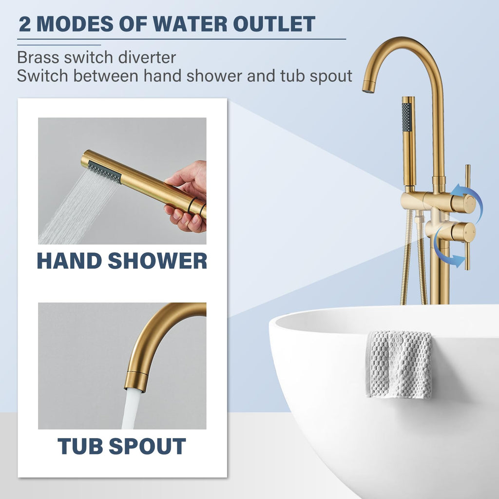 Brushed Gold Freestanding Bathtub Faucet with Hand Shower Tub Filler Faucet Floor Mounted High Flow Single Handle Bath Filler Solid Brass