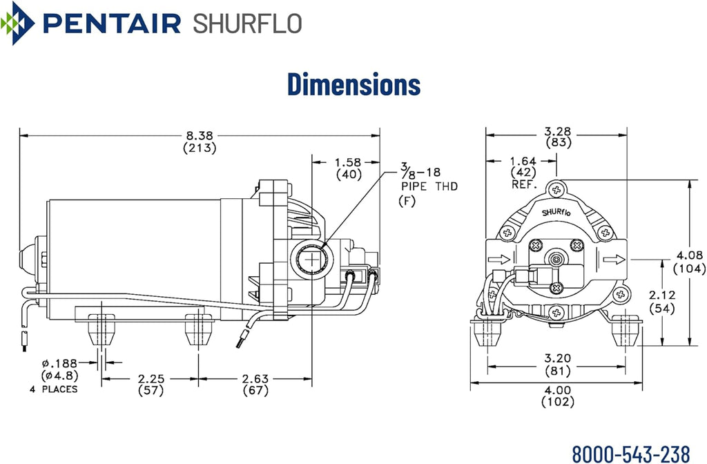 PENTAIR SHURFLO 8000-543-238 High Pressure 12V DC Diaphragm Pump, 1.8 GPM 100 PSI Automatic Demand Water Pump, Viton Valves & Santoprene Diaphragm, 3/8" NPT Female Ports for Agricultural Sprayers