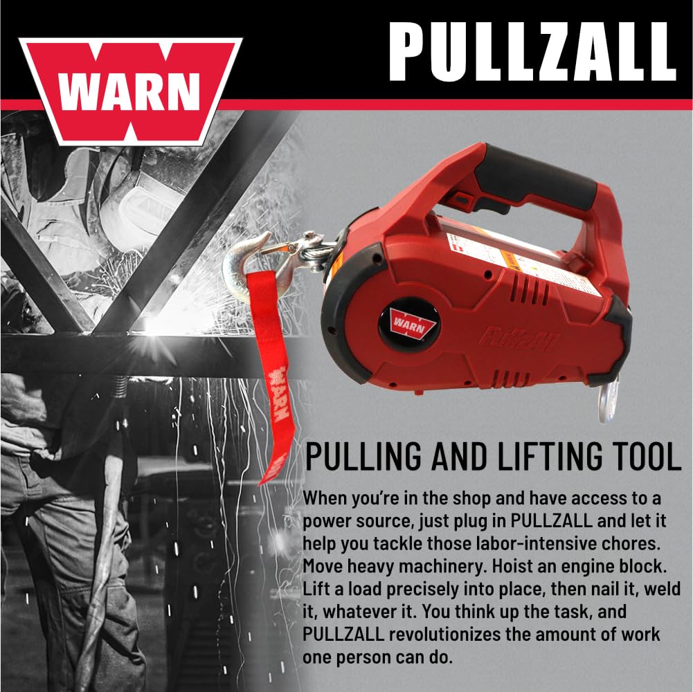 WARN 885000 PullzAll Corded 120V AC Portable Electric Winch with Steel Cable: 1/2 Ton (1,000 lb) Pulling Capacity, Variable Speed Trigger, Red