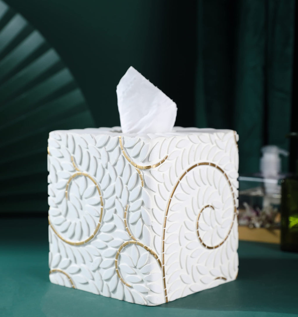 Hymmah Square Tissue Box Cover Holder with Tray,Unique Cube Design Tissue Dispenser Cover Decor for Vanity Counter Tops Also Great for Bedroom and Living Room