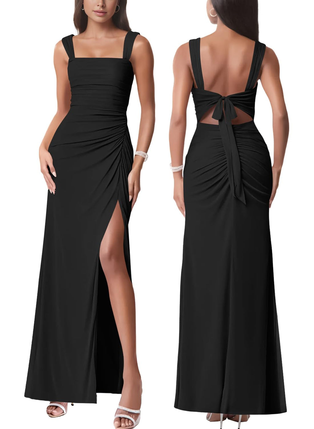 Women Sexy Mesh Tie Low Back Sleeveless Split Ruched Maxi Dress Party Cocktail Long Dress Wedding Guest Dresses