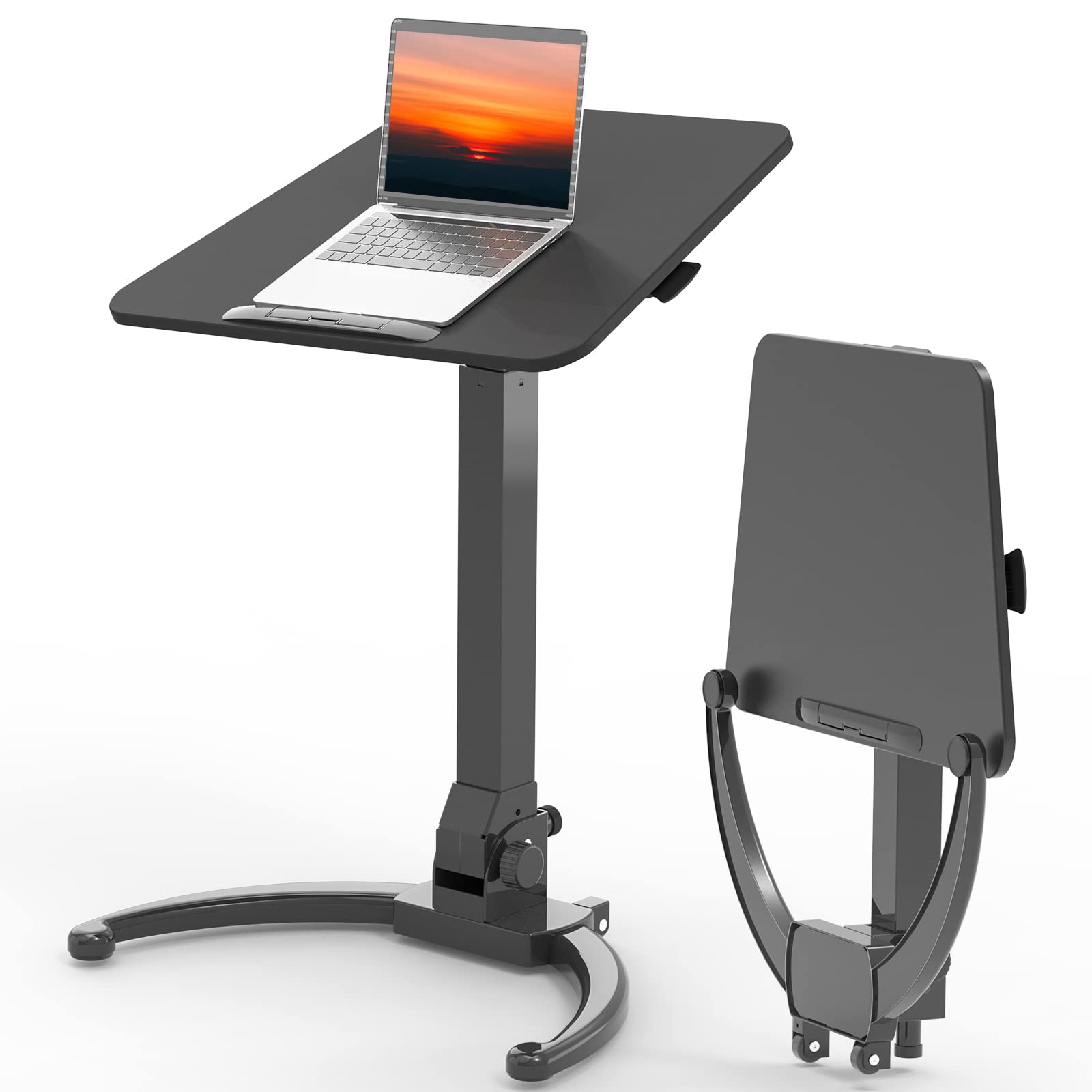 JOY worker Foldable Mobile Standing Desk, Height Adjustable Sit Stand Desk, 90° Tiltable Rolling Laptop Table, Portable Workstation with Non-Slip Mat for Home Office, Holds Up to 22lbs, Black