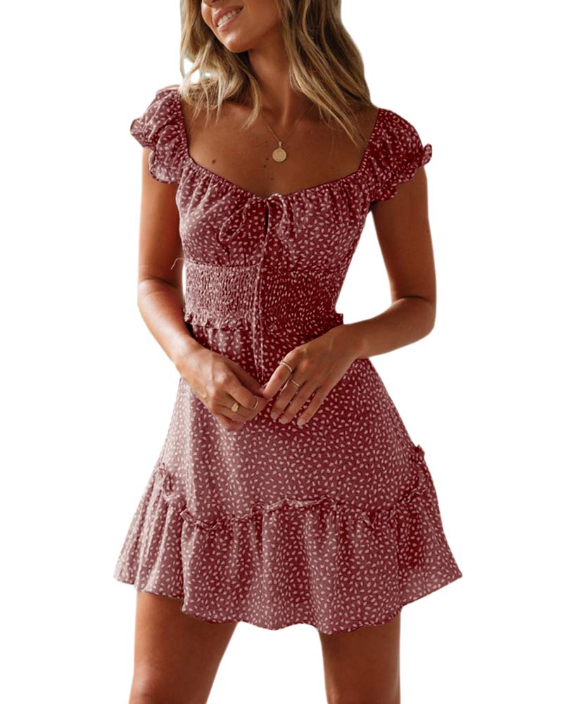 YOBECHO Womens Summer Ruffle Sleeve Sweetheart Neckline Printing Dress Mini Dresses