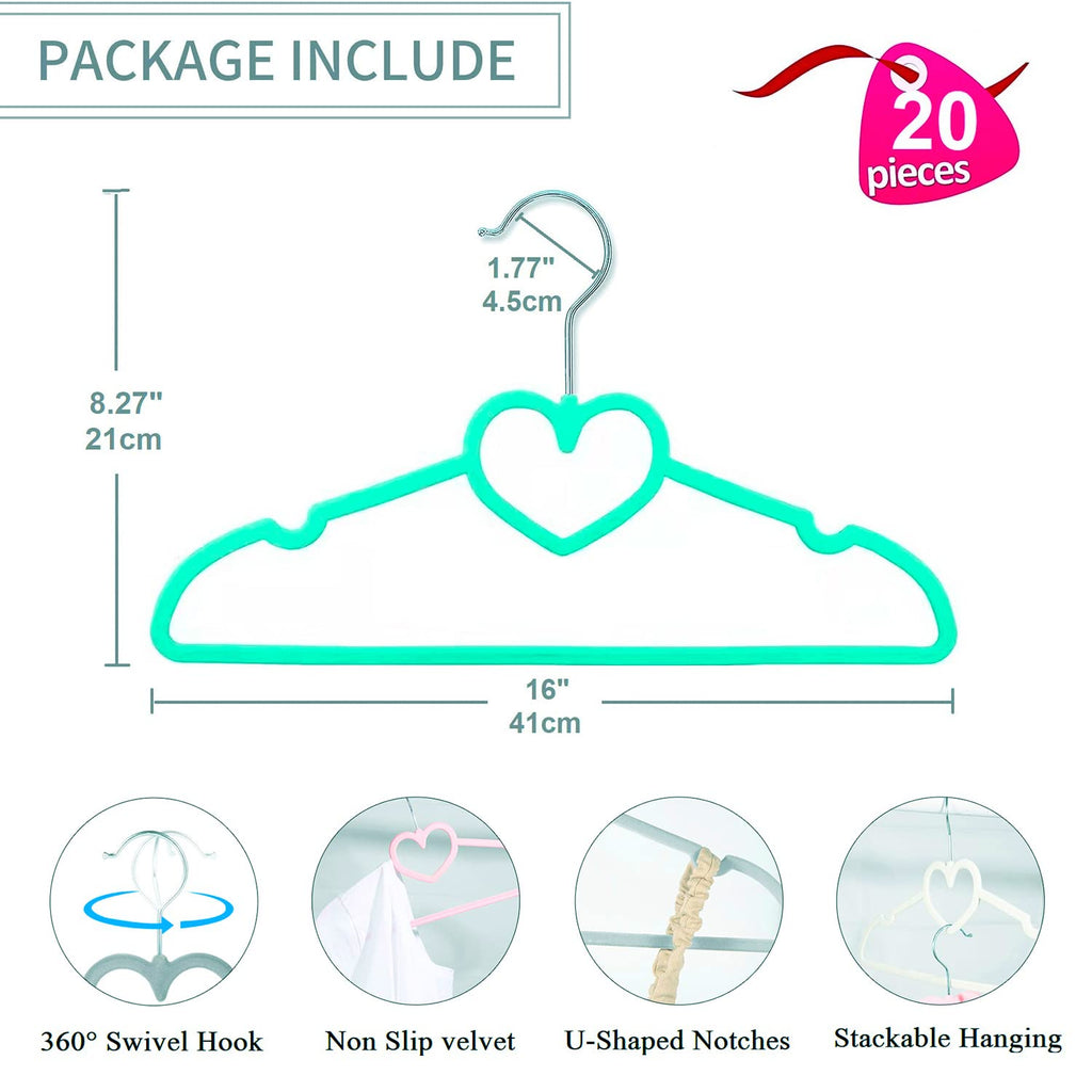 Velvet Hangers 20 Pack,16 Inch Non Slip Adult Heart Hanger (Black) | 360° Swivel Hooks, Cascade Design, Space Saving
