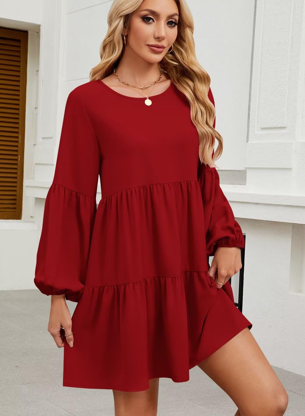 QACOHU Falll Dresses for Women 2026 Crew Neck Long Lantern Sleeve Casual Loose Flowy Swing Shift Dress