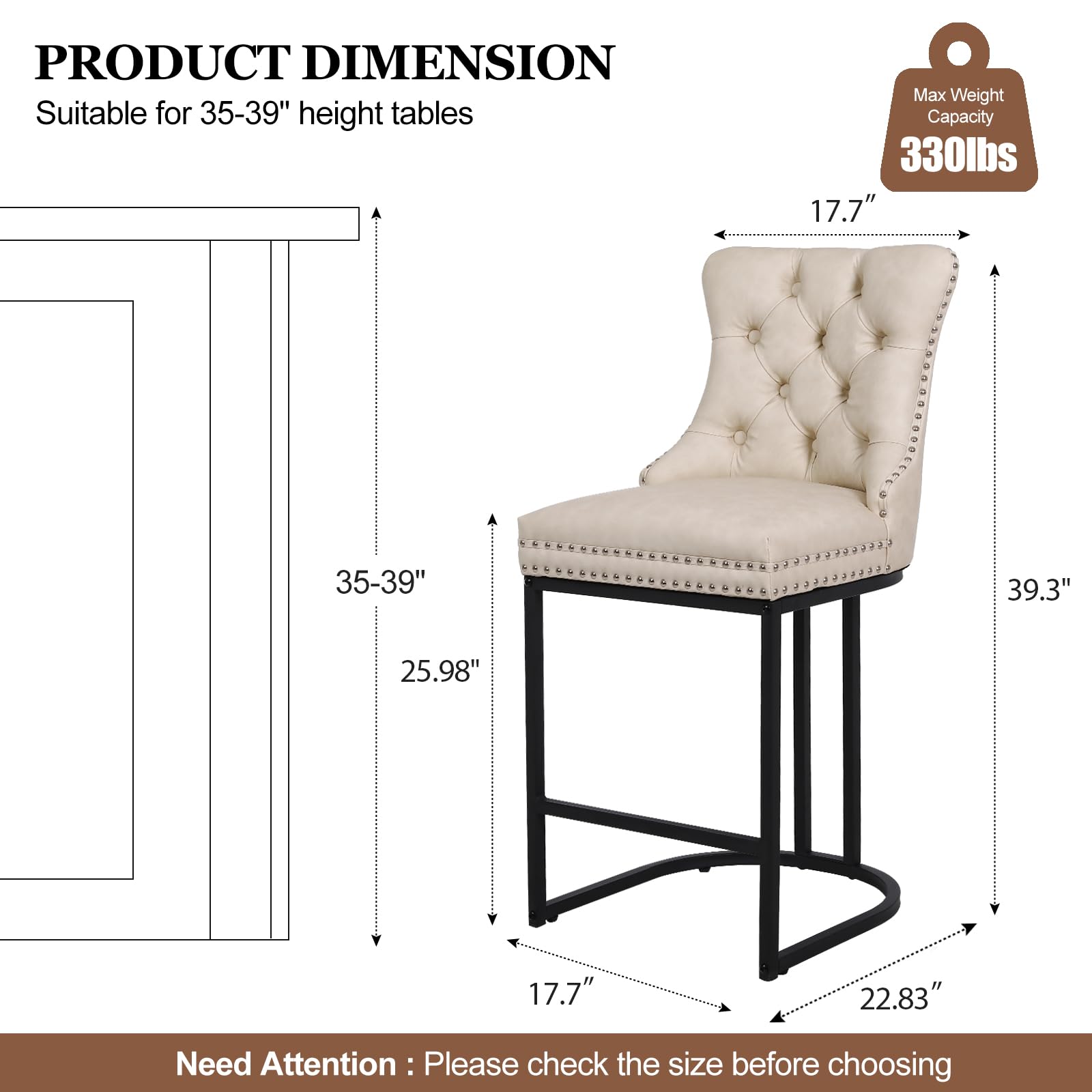 UVV Counter Height Bar Stools Set of 1, 26" Modern Barstools with Back, Velvet Upholstery Counter Chairs with Metal Legs for Kitchen Island, Bar, Counter, Beige
