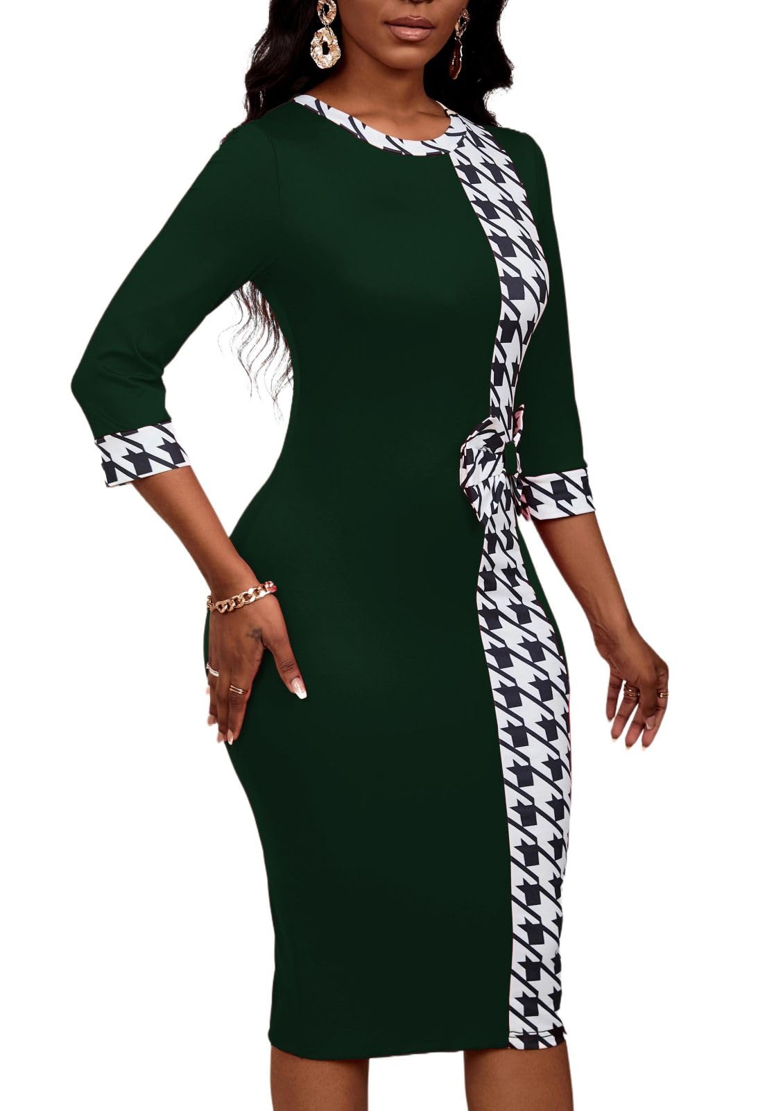 PerZeal Women's 3/4 Sleeve Round Neck Casual Houndstooth Bodycon Wear to Work Pencil Sheath Midi Dresses