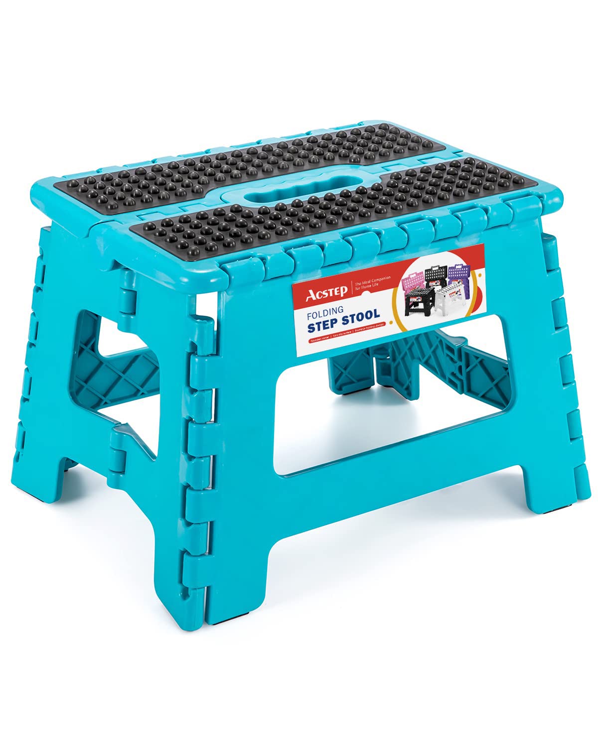 ACSTEP 9 Inch Folding Step Stool 300 LB Capacity Plastic Foldable Step Stools for Kids and Adults, Folding Stool Suitable for Kitchen, Stepping Stool with Handle Bicolor Green Small Step Stool 1PC