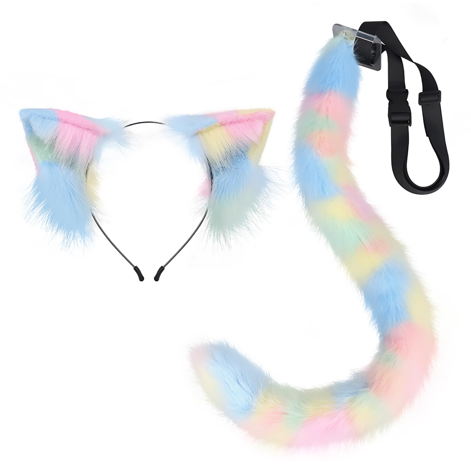 QinRuan Animal Cosplay Costume Accessories Furry Faux Fur Cat Ears Headband and Fox Tail Set Halloween Accessory