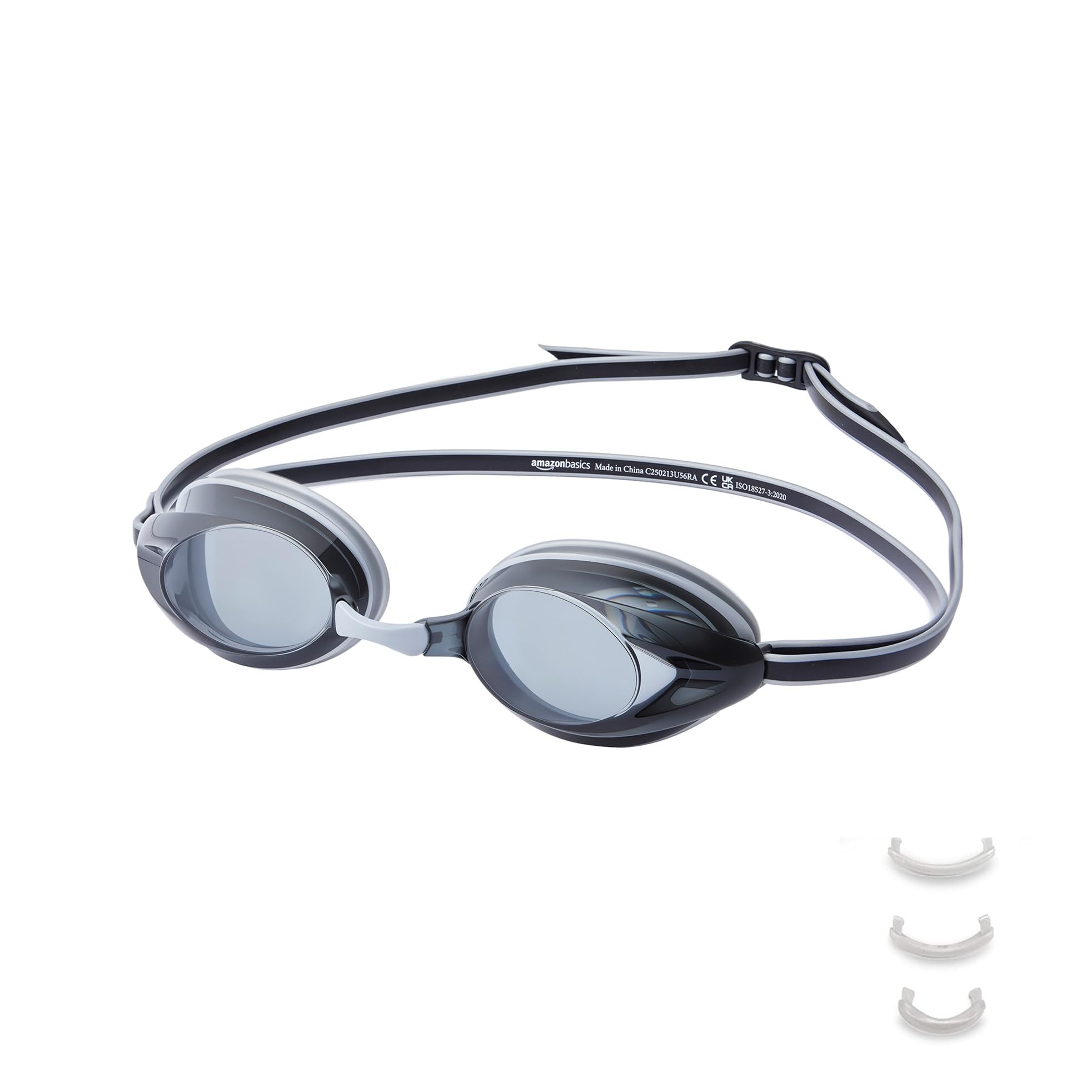 Amazon Basics Unisex Swim Goggles for Adults, Anti-Fog, Unisex, Wide View, 4 Interchangeable Nosepieces