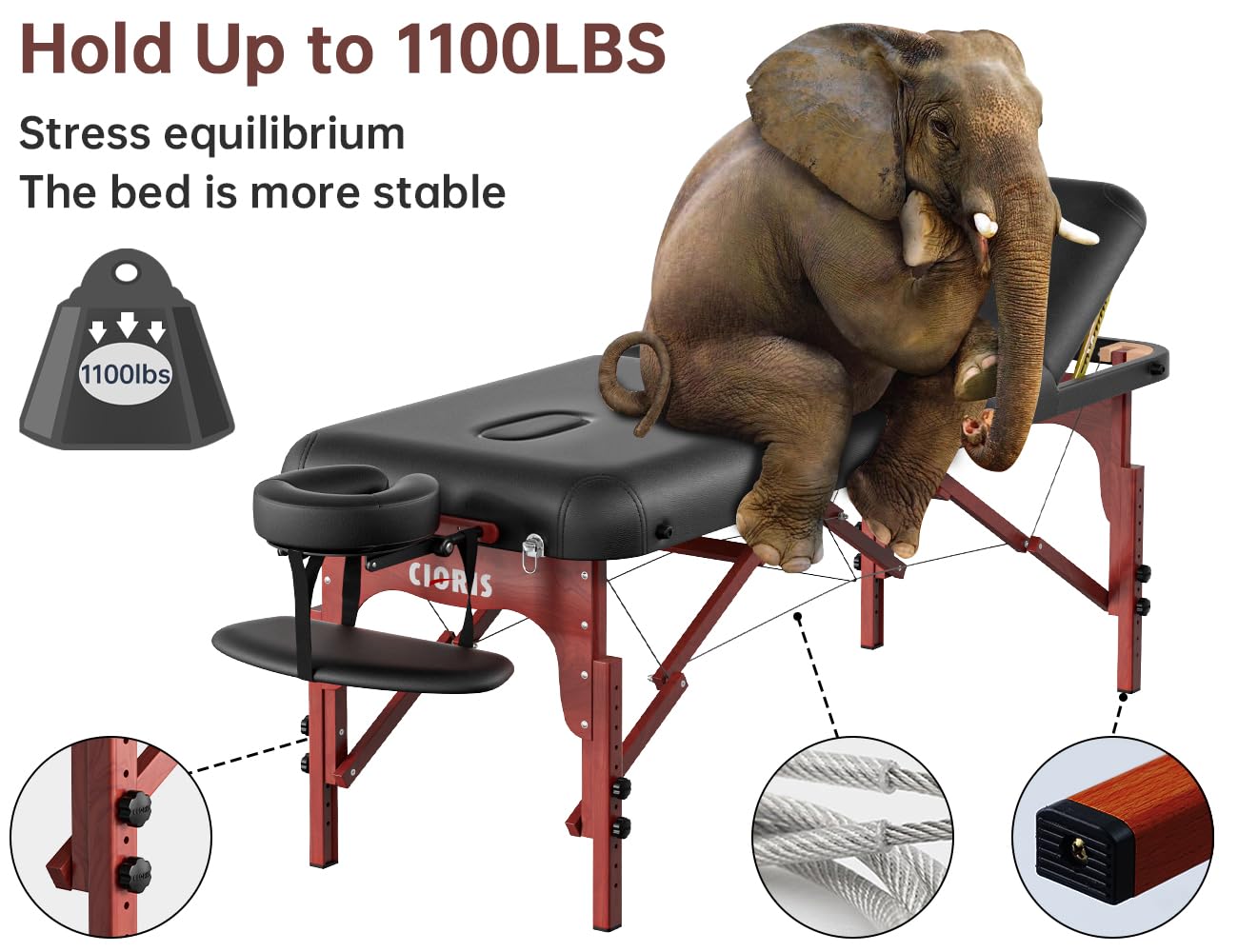 CLORIS 84" Professional Massage Table Portable Reinforced Wooden Leg 2 Folding Lightweight Spa Salon Tattoo Massage Bed Height Adjustable Hold Up to 1100LBS with Carrying Bag Black