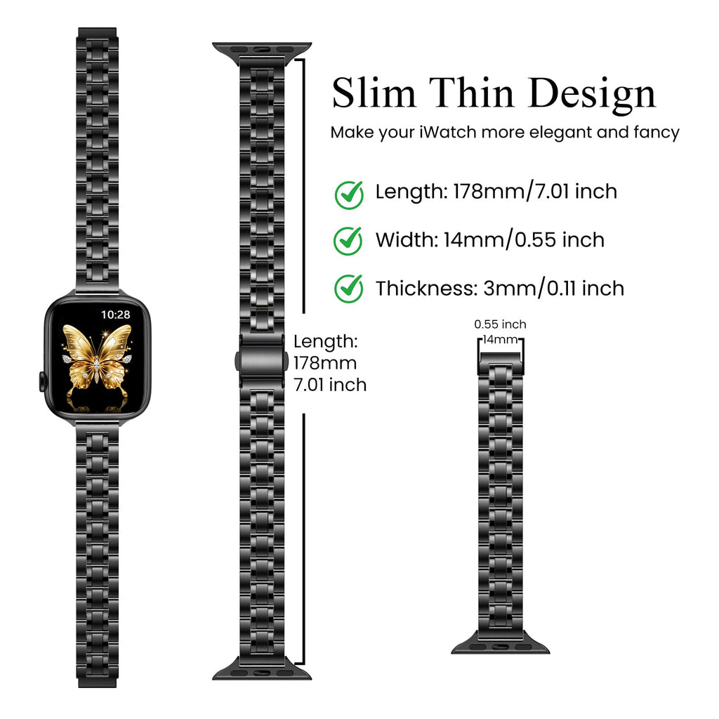 STIROLL Thin Replacement Band Compatible for Apple Watch 38mm 40mm 41mm 42mm(Series 11 10), Stainless Steel Metal Wristband Women Men for iWatch Ultra SE Series 9 8 7 6 5 4 3 2 1, Black
