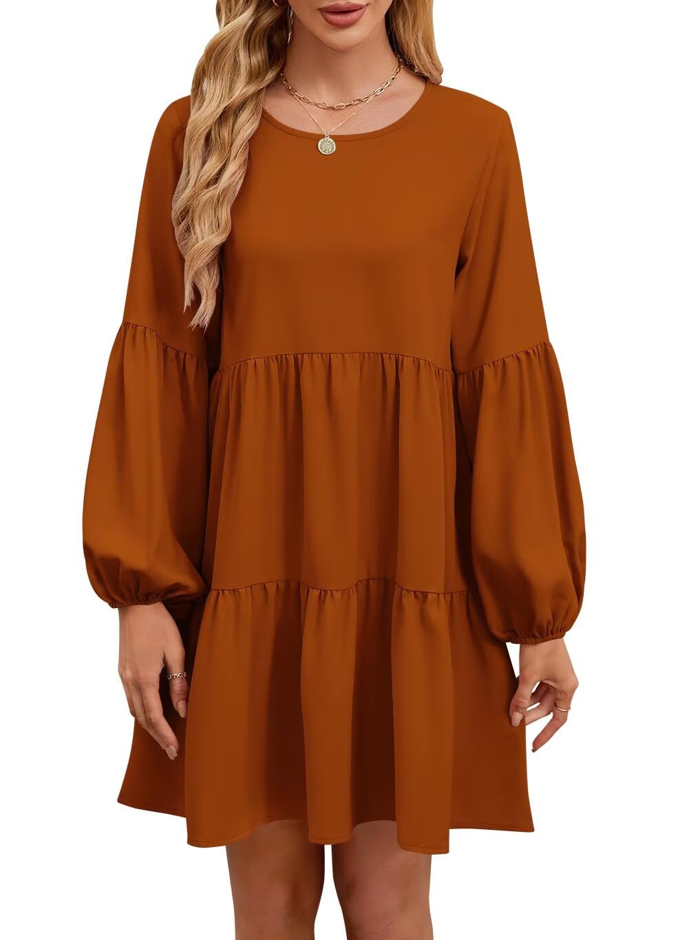 QACOHU Falll Dresses for Women 2026 Crew Neck Long Lantern Sleeve Casual Loose Flowy Swing Shift Dress