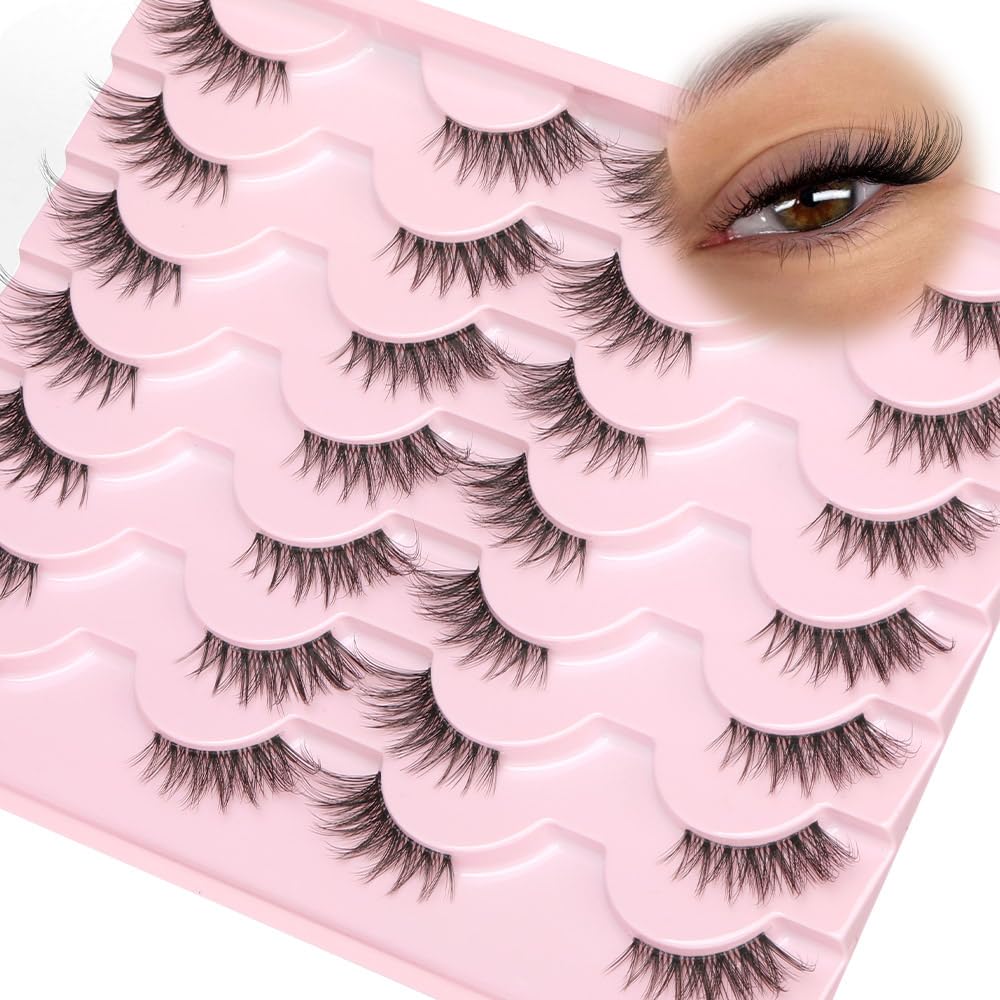 False Lashes Natural Look Wispy Eyelashes Manga Korean Spiky 16mm Short Faux Mink Eyelashes Cat Eye Natural Fake Eyelashes Strip Lashes Pack 14 Pairs