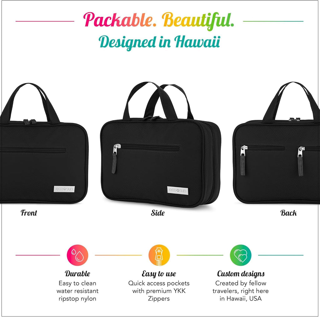 Eco Sun Hanging Travel Toiletry Bag — Designed in Hawaii — Water-resistant Travel Organizer for Bathroom Accessories (Black)