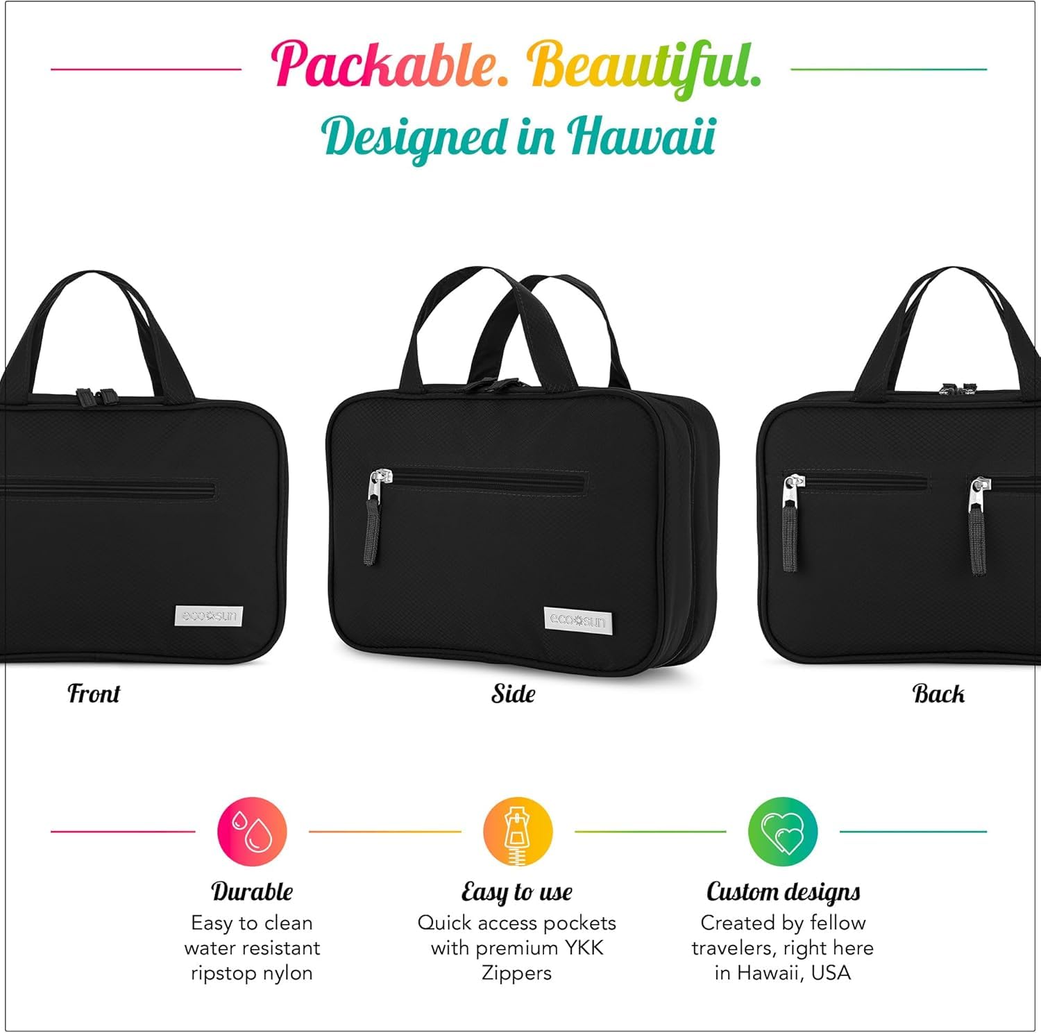 Eco Sun Hanging Travel Toiletry Bag — Designed in Hawaii — Water-resistant Travel Organizer for Bathroom Accessories (Black)