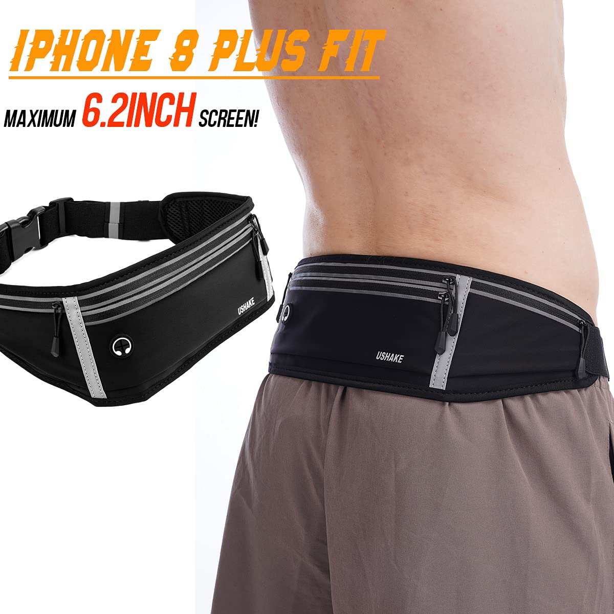 USHAKE Slim Running Belt, Workout Fanny Pack for Men Women,Exercise Waist Pack for Apple iPhone Holder, Runner Belt for Running Walking Cycling Camping Gym Black