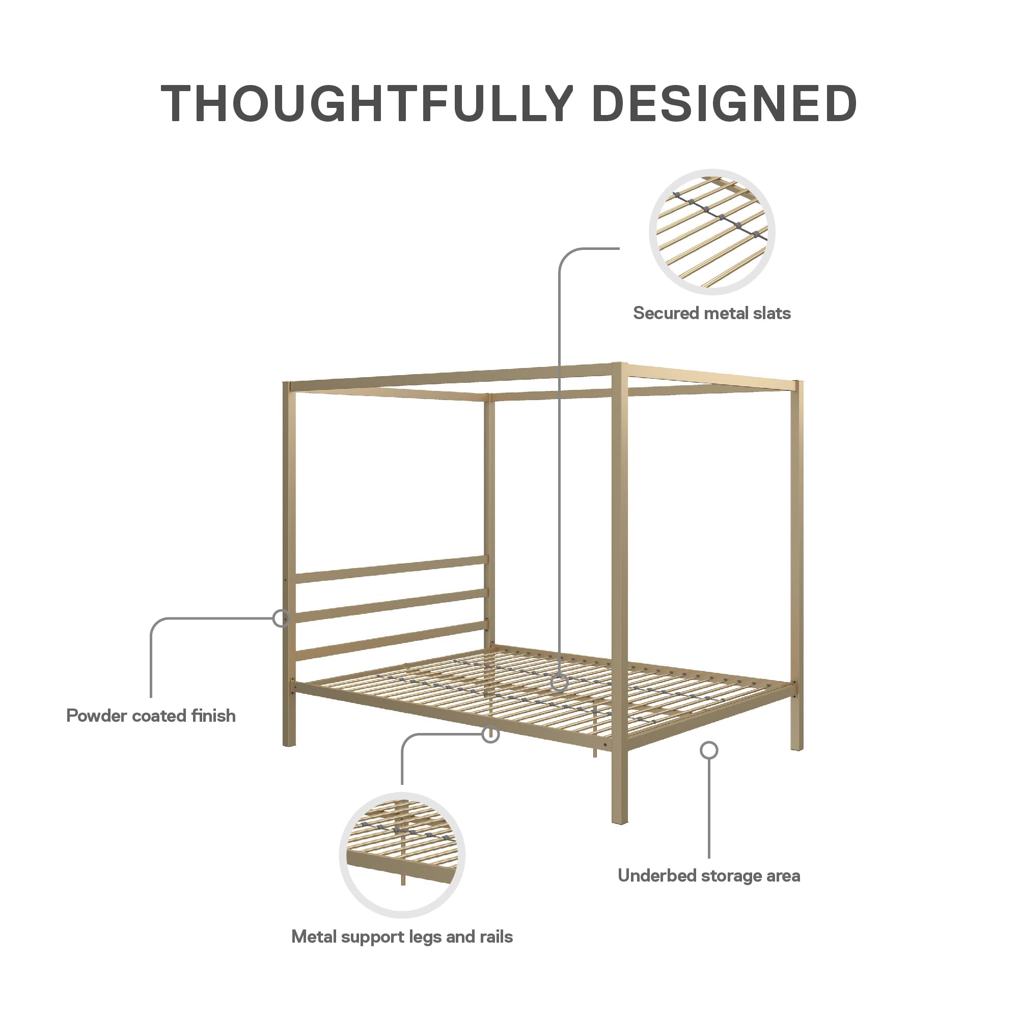 DHP King Metal Canopy Bed, Modern Design with Built-In Headboard, Sturdy Frame, No Box Spring Needed, Gunmetal Gray
