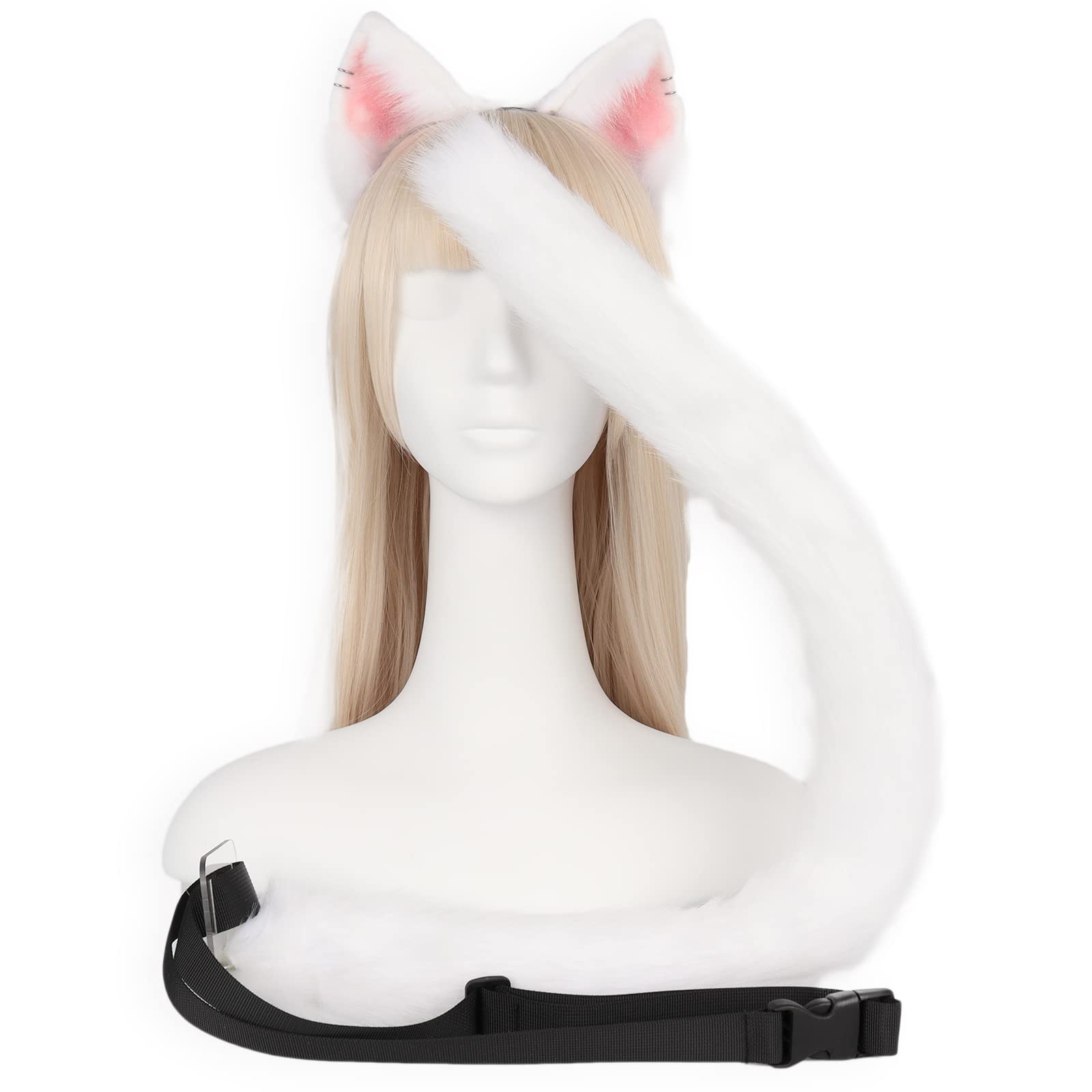 QinRuan Animal Cosplay Costume Accessories Furry Faux Fur Cat Ears Headband and Fox Tail Set Halloween Accessory