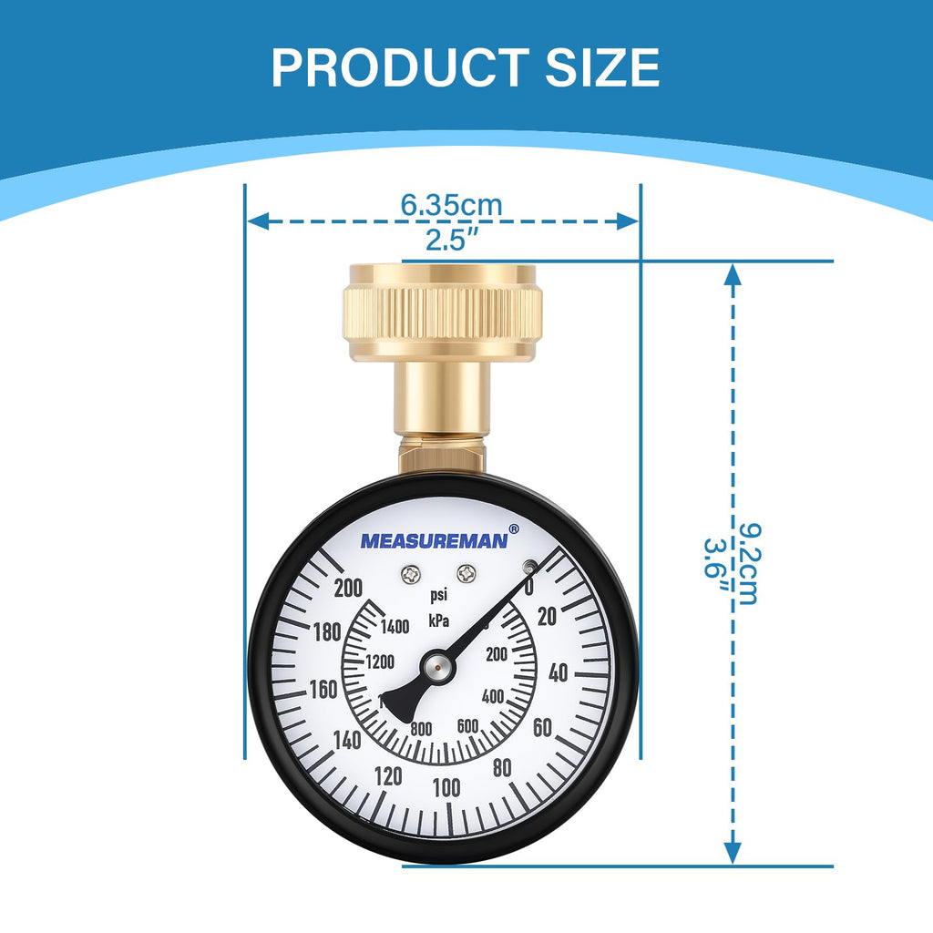 MEASUREMAN 2" Water Pressure Test Gauge, 3/4" Female Hose Thread, 0-200 psi/kpa with Maximum Pressure Memory (Pack of 2)