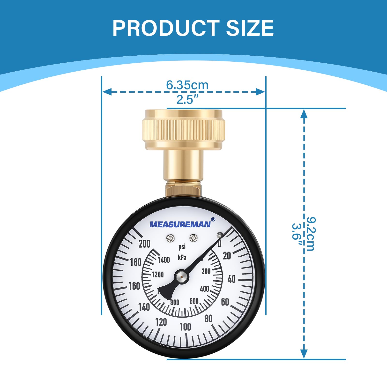 MEASUREMAN 2" Water Pressure Test Gauge, 3/4" Female Hose Thread, 0-200 psi/kpa with Maximum Pressure Memory (Pack of 2)