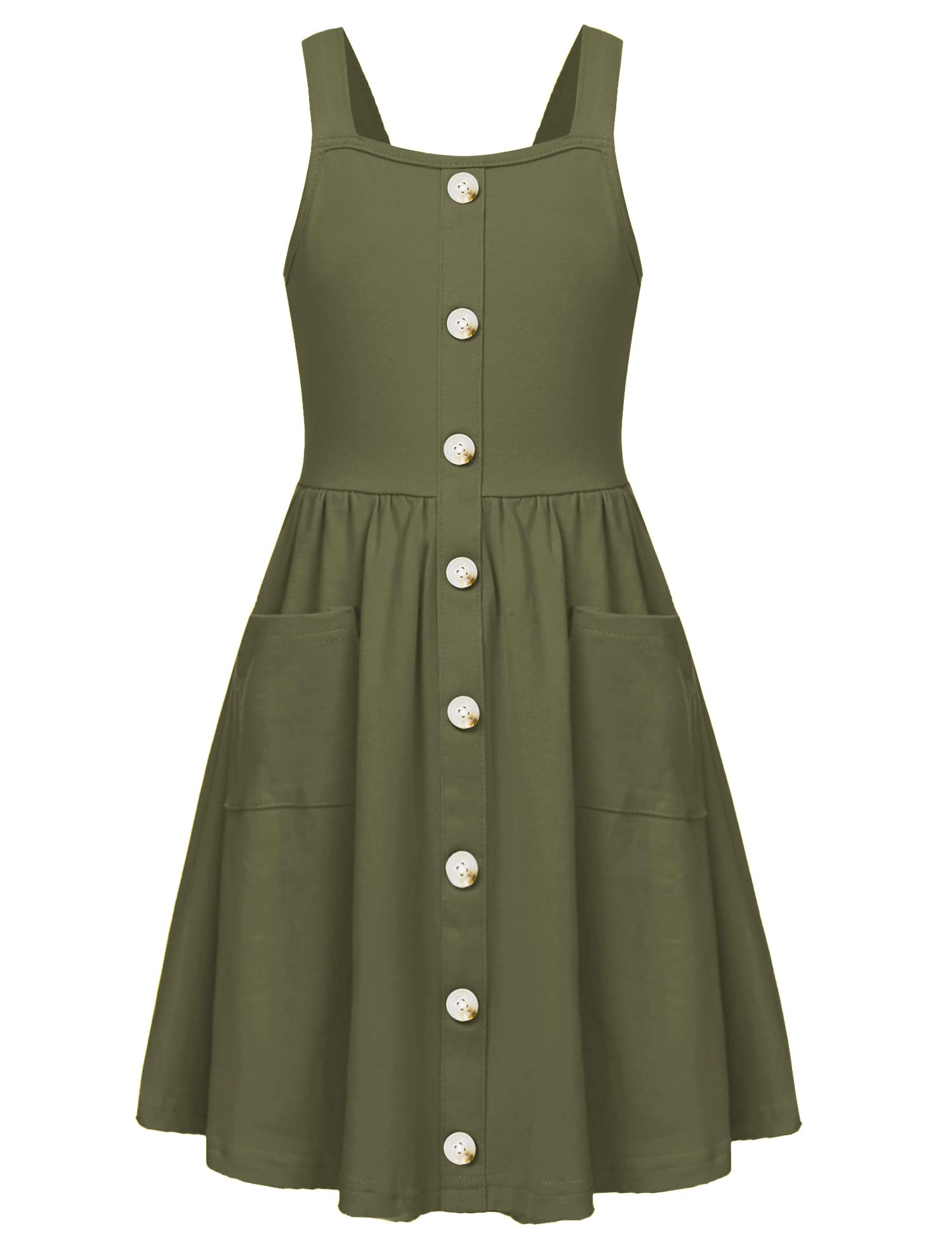 Arshiner Girl's Spaghetti Strap Button Down Midi Sleeveless Summer Casual Sundress A-line Dress with Pockets