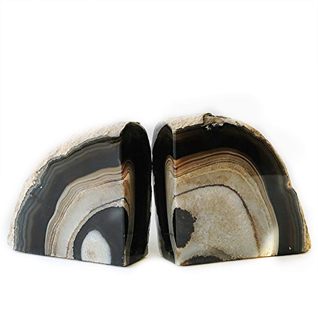 JIC Gem Black Agate Geode Bookends 2-3 Lbs Anti-Slip Rubber Pads Heavy Duty | 1Pair Natural Black Agate Crystal Decor for Shelves & Desk, Unique Small Stone Book Holder Gift for Office & Home Decoration