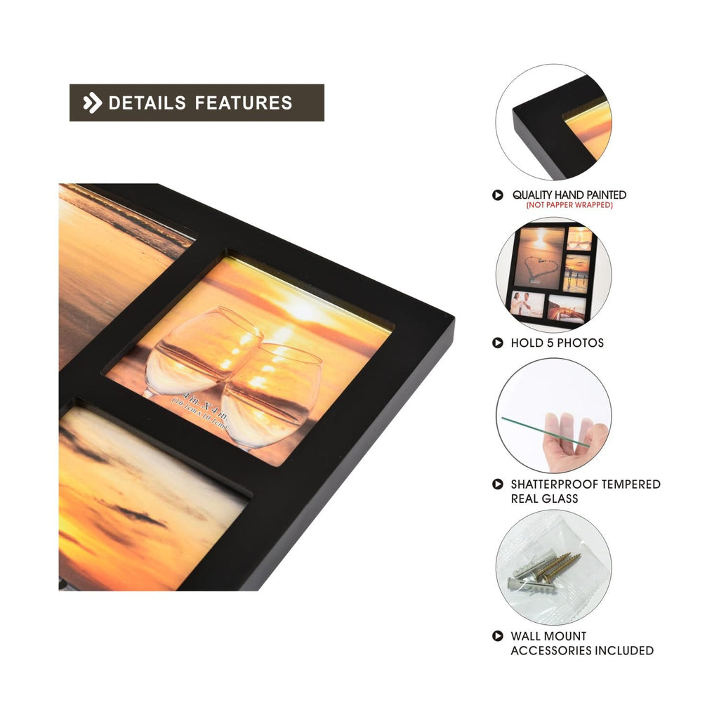 4x6 2-Opening Collage Frame Black Wood | Two 4x6 openings, shatter-resistant glass, tabletop & wall mount