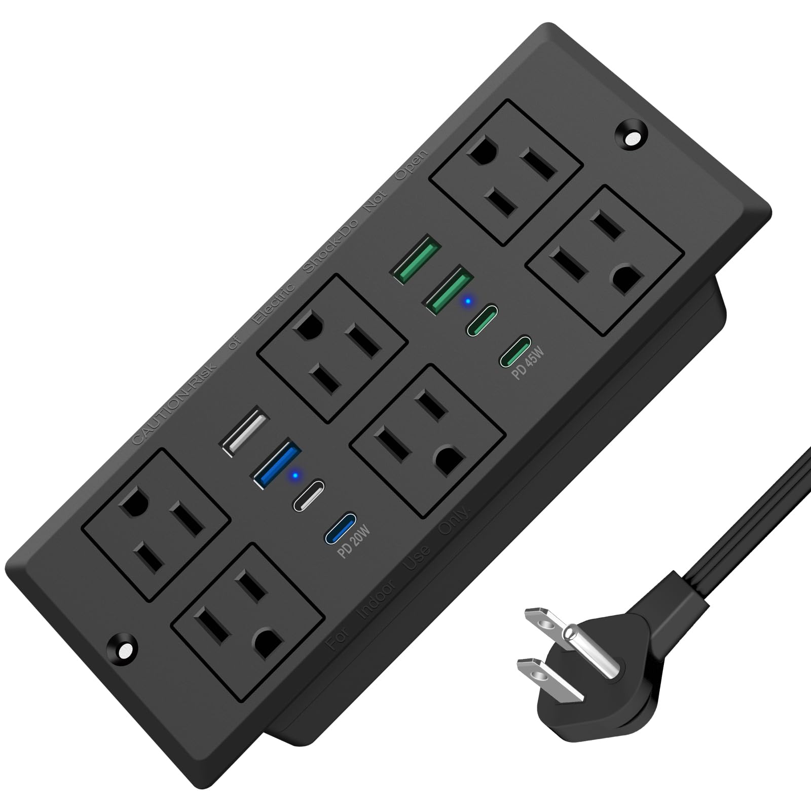 45W Recessed Power Strip, Flush Mounted Surge Protector(1200J) with 6 AC Outlets & 8 USB Ports(4 USB-C), 45°Flat Plug, 6FT Flat Power Cord(Black)