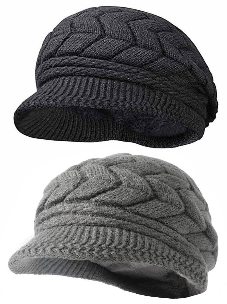 Women Winter Warm Knit Hat Wool Snow Ski Caps with Visor