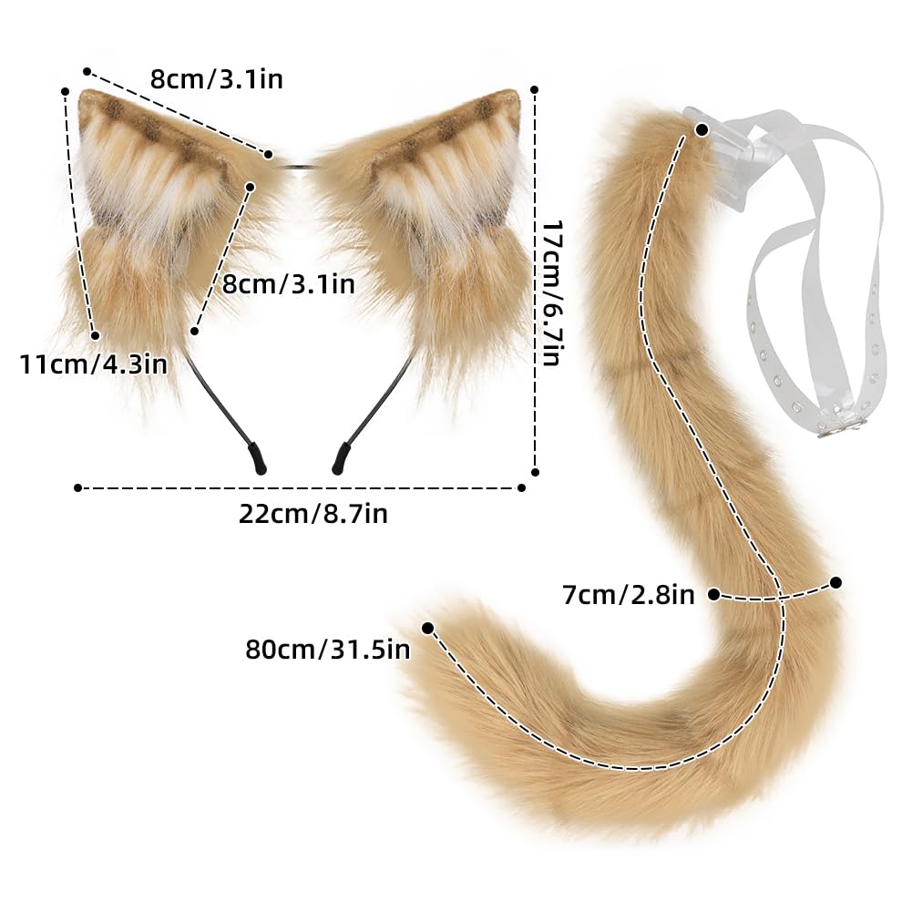 QinRuan Animal Cosplay Costume Accessories Furry Faux Fur Cat Ears Headband and Fox Tail Set Halloween Accessory