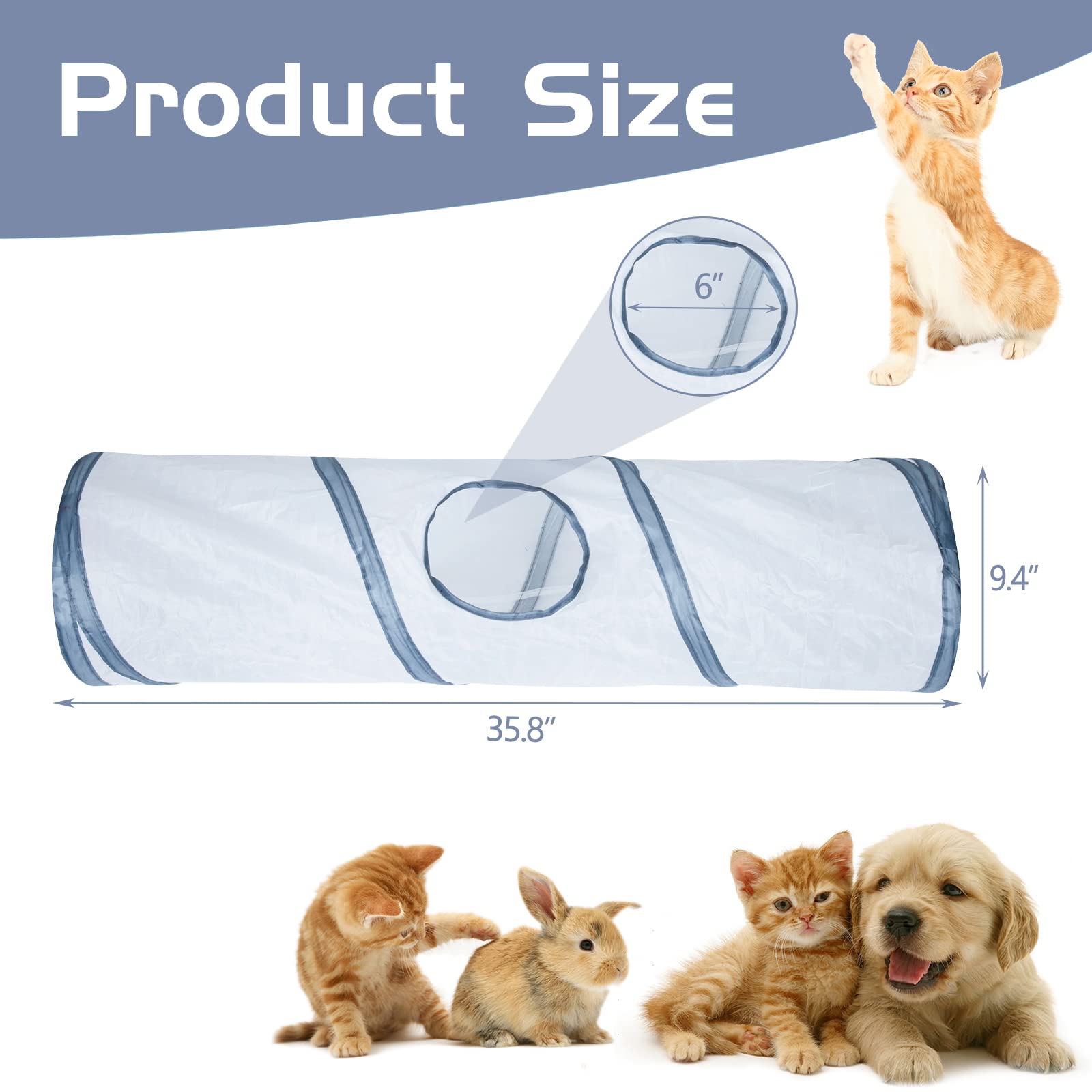 Sheldamy Cat Tunnel, 2-Way Collapsible Play Tunnel, Interactive Toy Maze for Small Animals, Suitable for Kittens, Puppies, Rabbits, Ferrets, Blue & Black