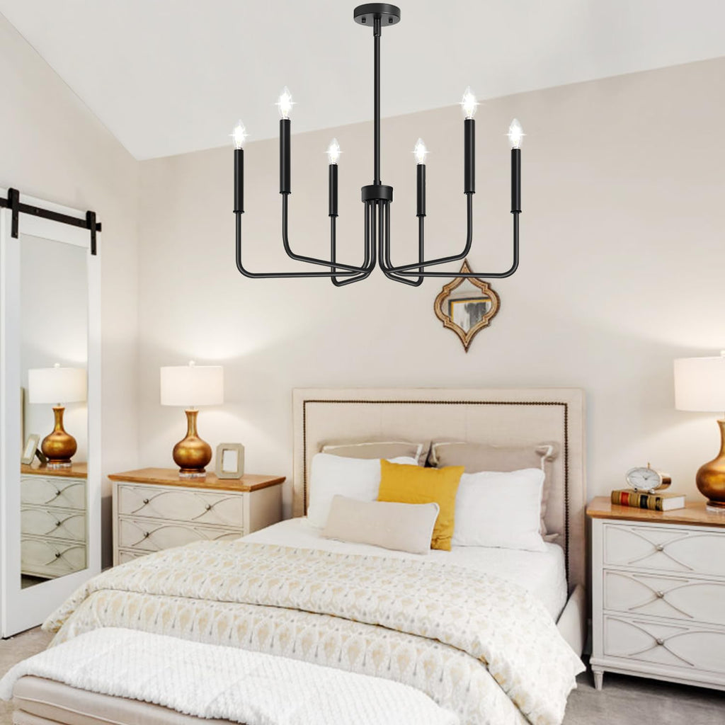 Rustic Black Chandelier, 6-Light Antique Farmhouse Chandelier for Dining Room Lighting Fixtures, Vintage Candle Pendant Light Fixtures Chandeliers for Dining Room Bedroom, Foyer and Living Room