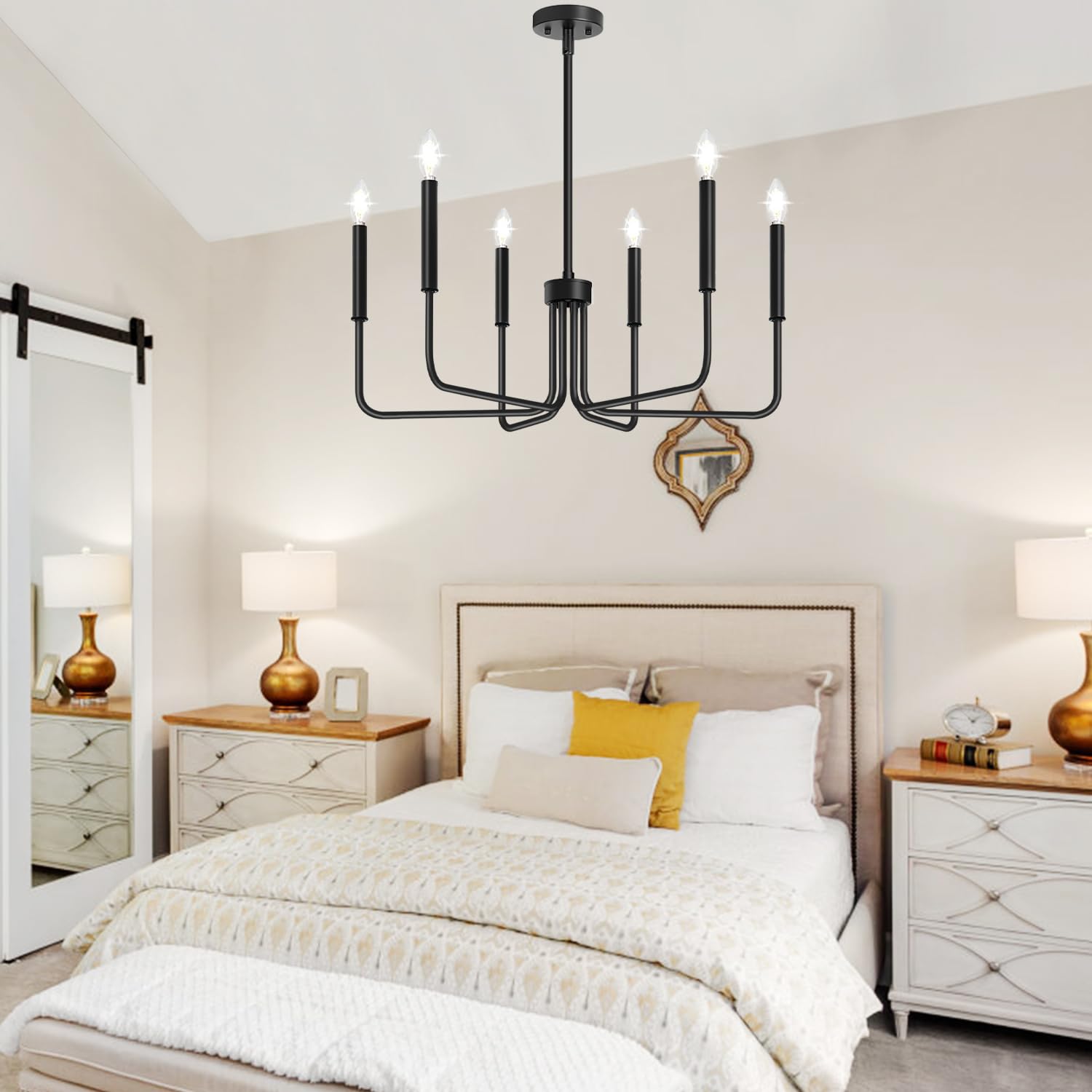 Rustic Black Chandelier, 6-Light Antique Farmhouse Chandelier for Dining Room Lighting Fixtures, Vintage Candle Pendant Light Fixtures Chandeliers for Dining Room Bedroom, Foyer and Living Room
