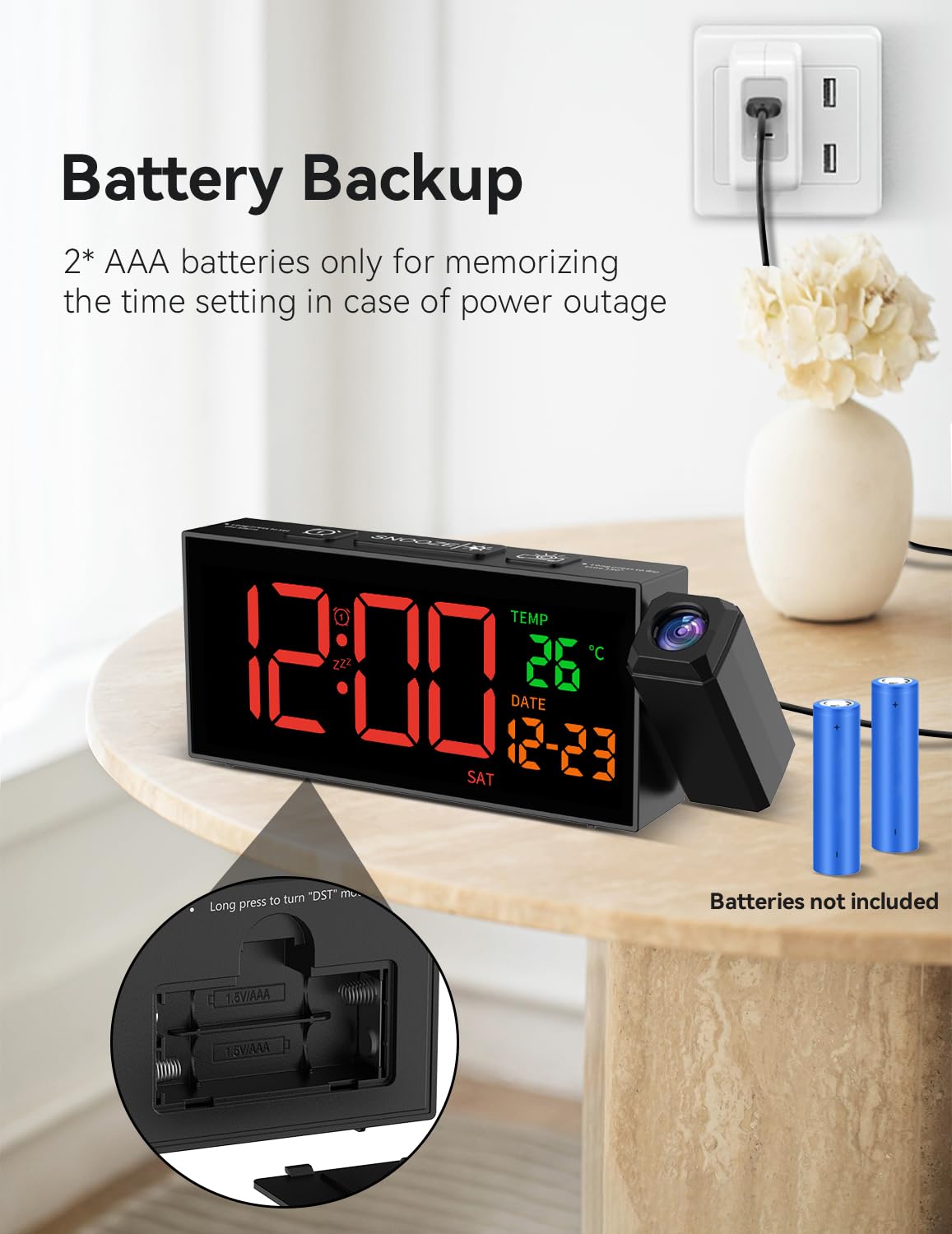 Netzu Projection Clock for Bedroom Ceiling, Alarm Clocks with 180° Rotatable Projector, Date Temperature and Weekday, Manual DST, 5 Brightness, 10 Ringtones, 4 Volumes and Snooze (Black)