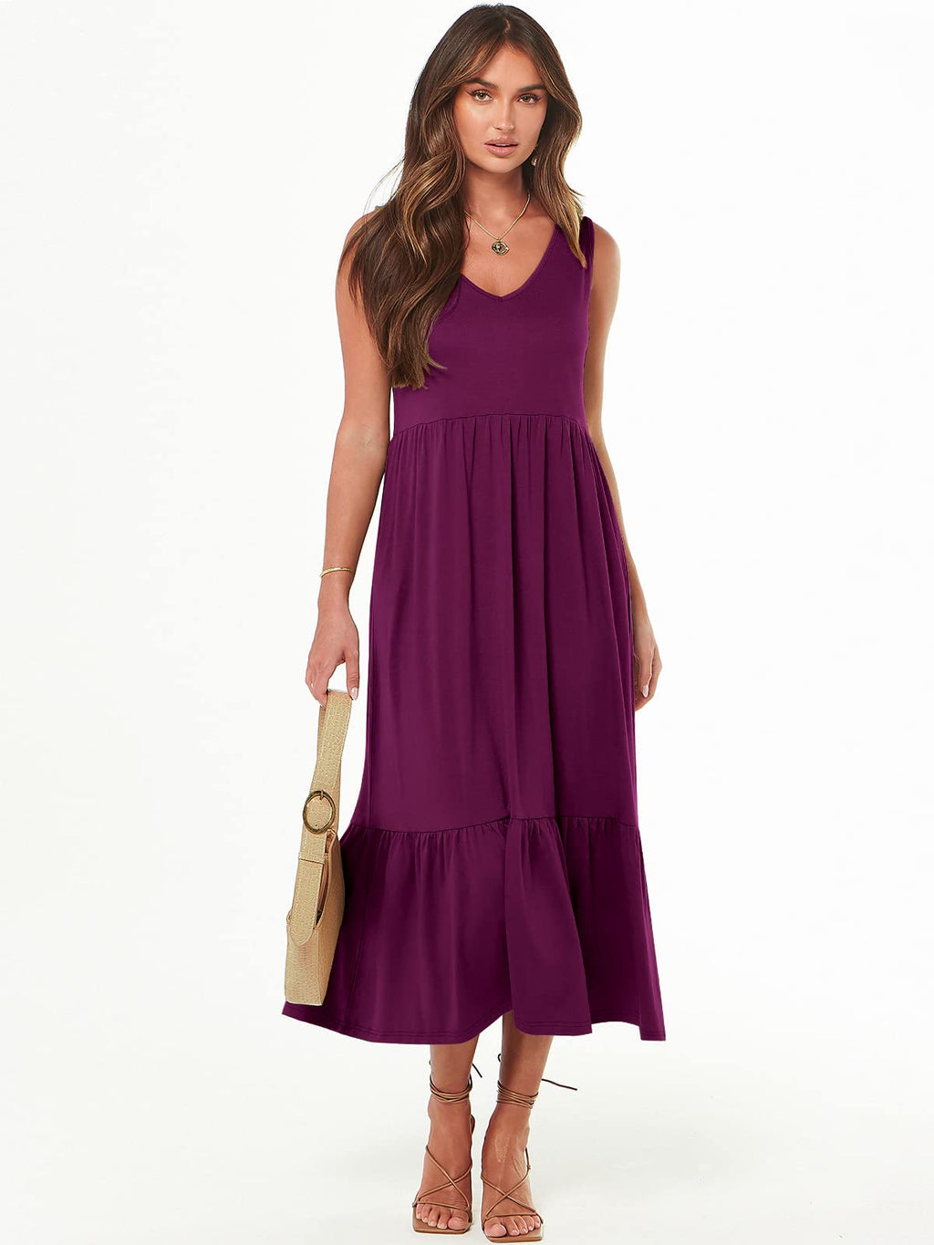 ANRABESS Women Summer Maxi Dresses A-line Tiered Flowy V Neck Sleeveless Swing 2026 Casual Beach Travel Sundress with Pockets