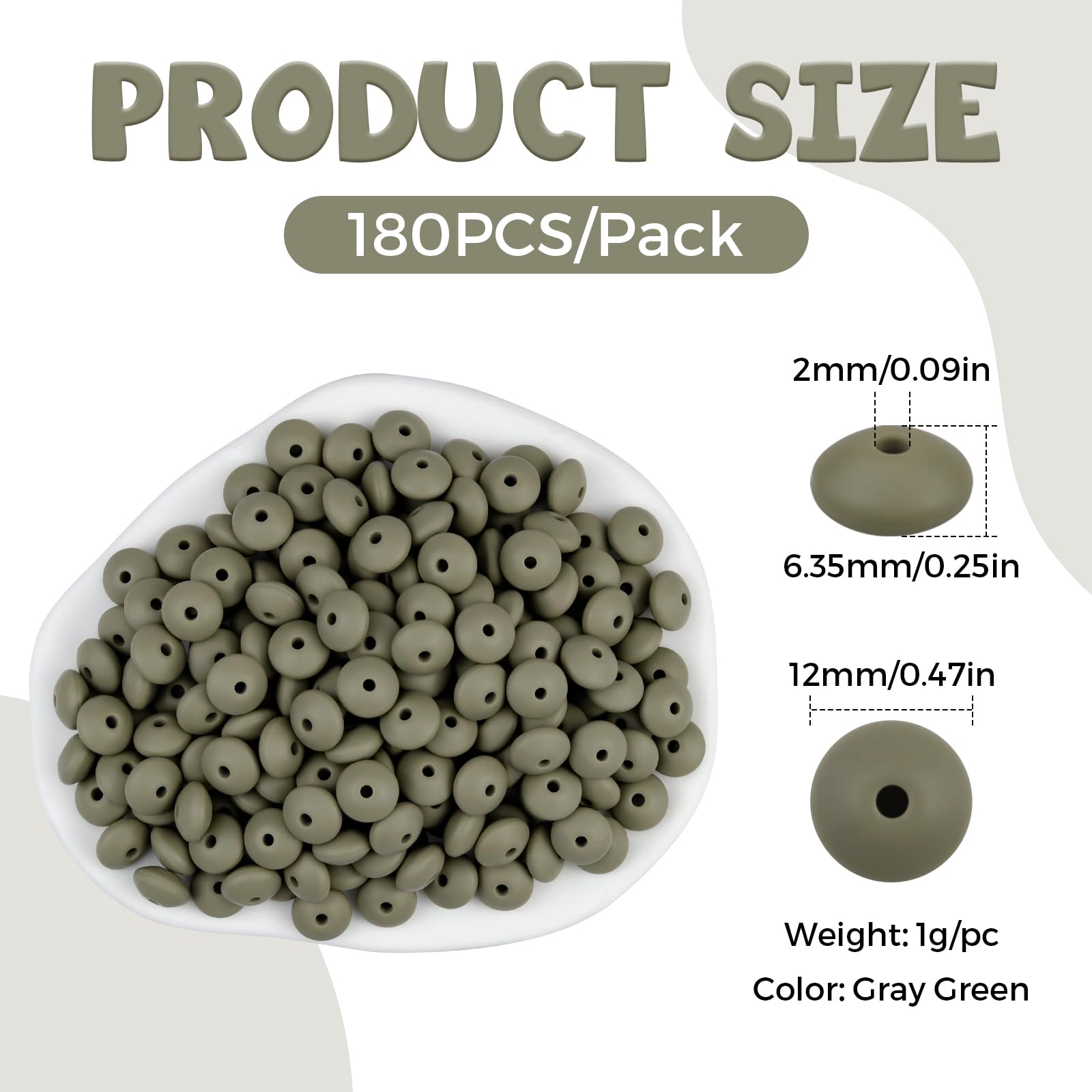 FIVEIZERO 180PCS Silicone Lentil Beads,12mm Spacer Beads | Flexible Silicone, 2mm Hole Design, Easy to Thread, Fade Resistant, Easy to Clean