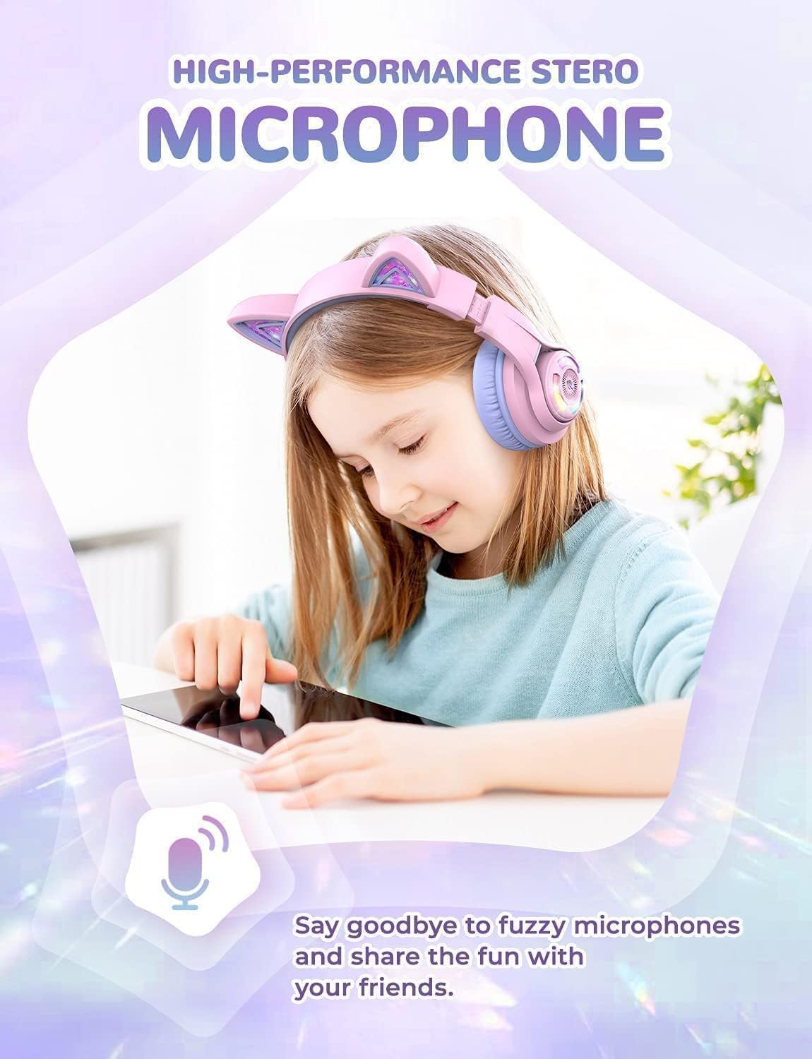 iClever Cat Ear Kids Bluetooth Headphones, LED Lights Up, 74/85dBA Safe Volume Limited, 50H Playtime,Bluetooth 5.2, USB C,Kids Headphones Wireless Over Ear for Travel iPad Tablet, Meow Macaron-Purple