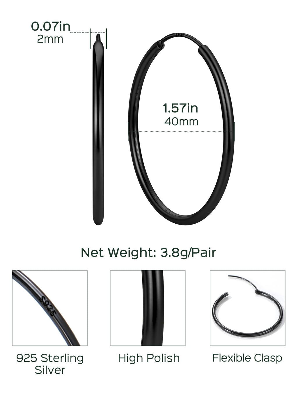 ChicSilver 925 Sterling Silver Hoop Earrings for Women Hypoallergenic, Lightweight Large Gold Plated Silver Hoop Earrings, Endless Hoops Earring 20/30/40/50/60/70MM