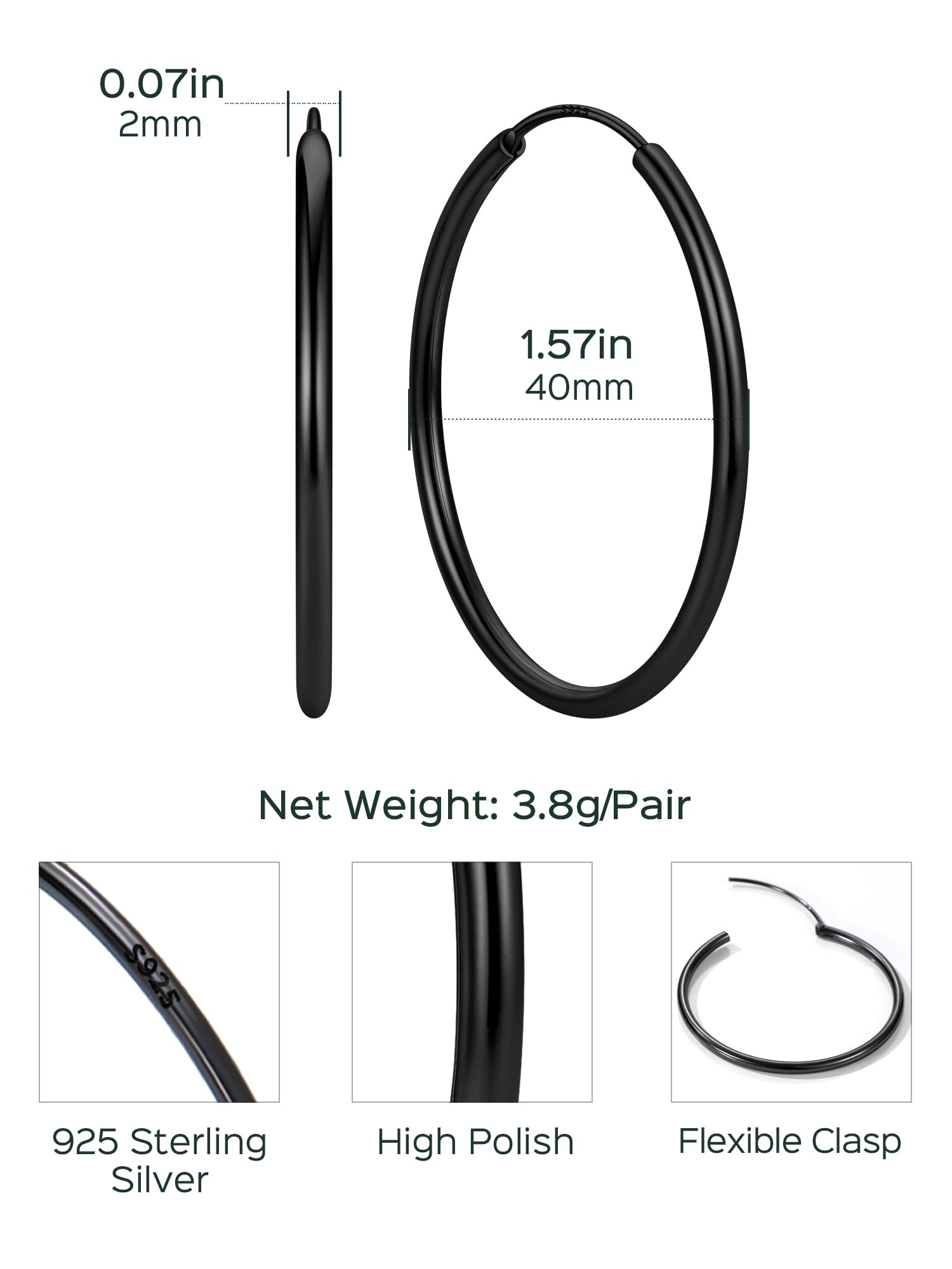 ChicSilver 925 Sterling Silver Hoop Earrings for Women Hypoallergenic, Lightweight Large Gold Plated Silver Hoop Earrings, Endless Hoops Earring 20/30/40/50/60/70MM