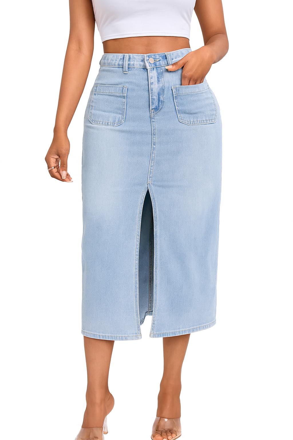 Jean Skirt for Women Denim Skirt High Waist Stretch Midi Denim Skirts with Pockets
