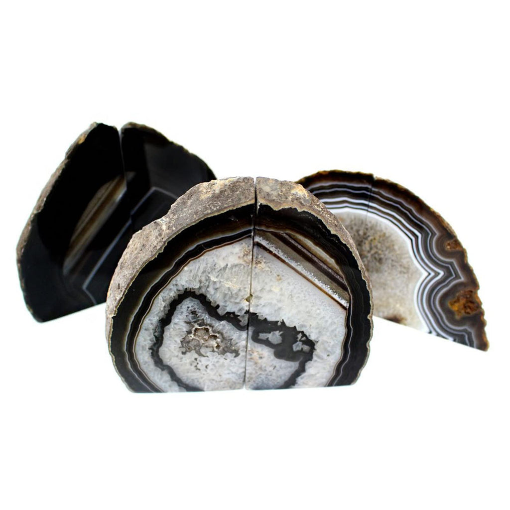 JIC Gem Black Agate Geode Bookends 2-3 Lbs Anti-Slip Rubber Pads Heavy Duty | 1Pair Natural Black Agate Crystal Decor for Shelves & Desk, Unique Small Stone Book Holder Gift for Office & Home Decoration