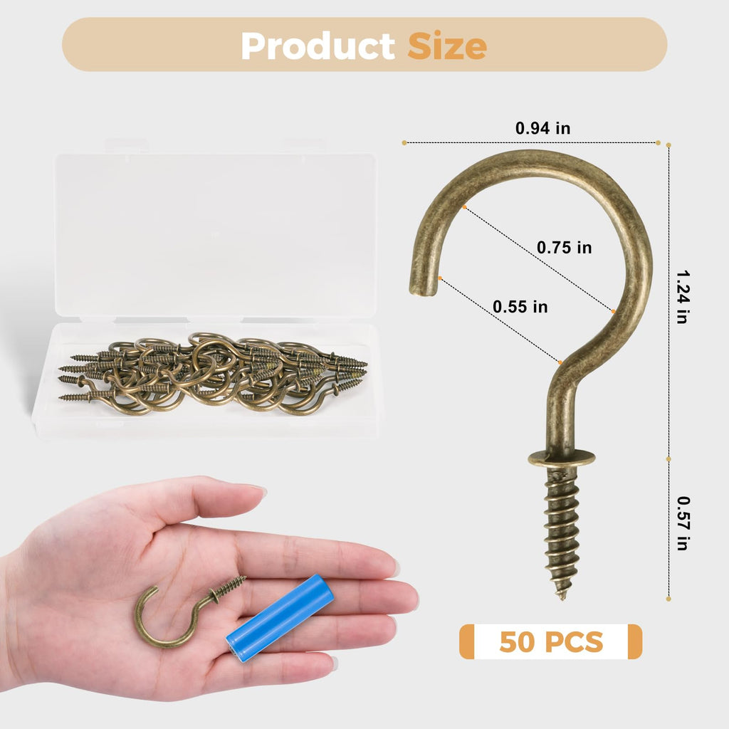 RELBRO Screw Hooks, 1-1/4 Inch Metal Screw in Cup Hooks, Black, 50 Pcs