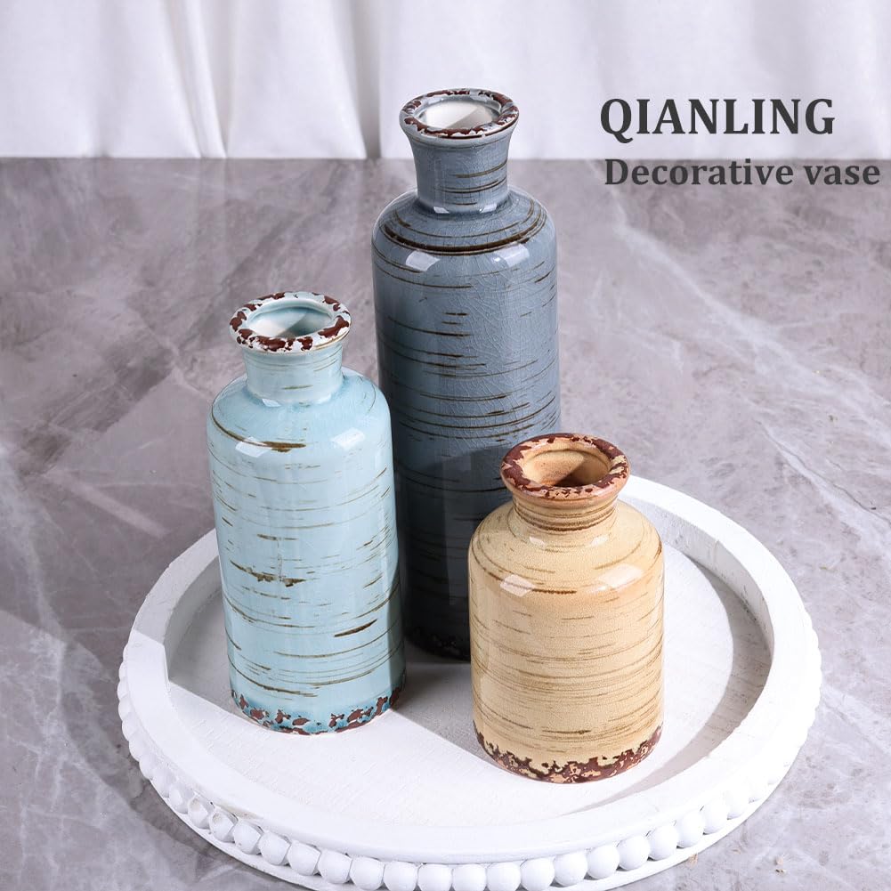 Ceramic Vase Set - 3 Ceramic Small Vases, Farmhouse Country Flower Vase Home Decor, Living Room Decoration, Table Decoration, Fireplace Decor, and Entrance Decorations Centerpieces