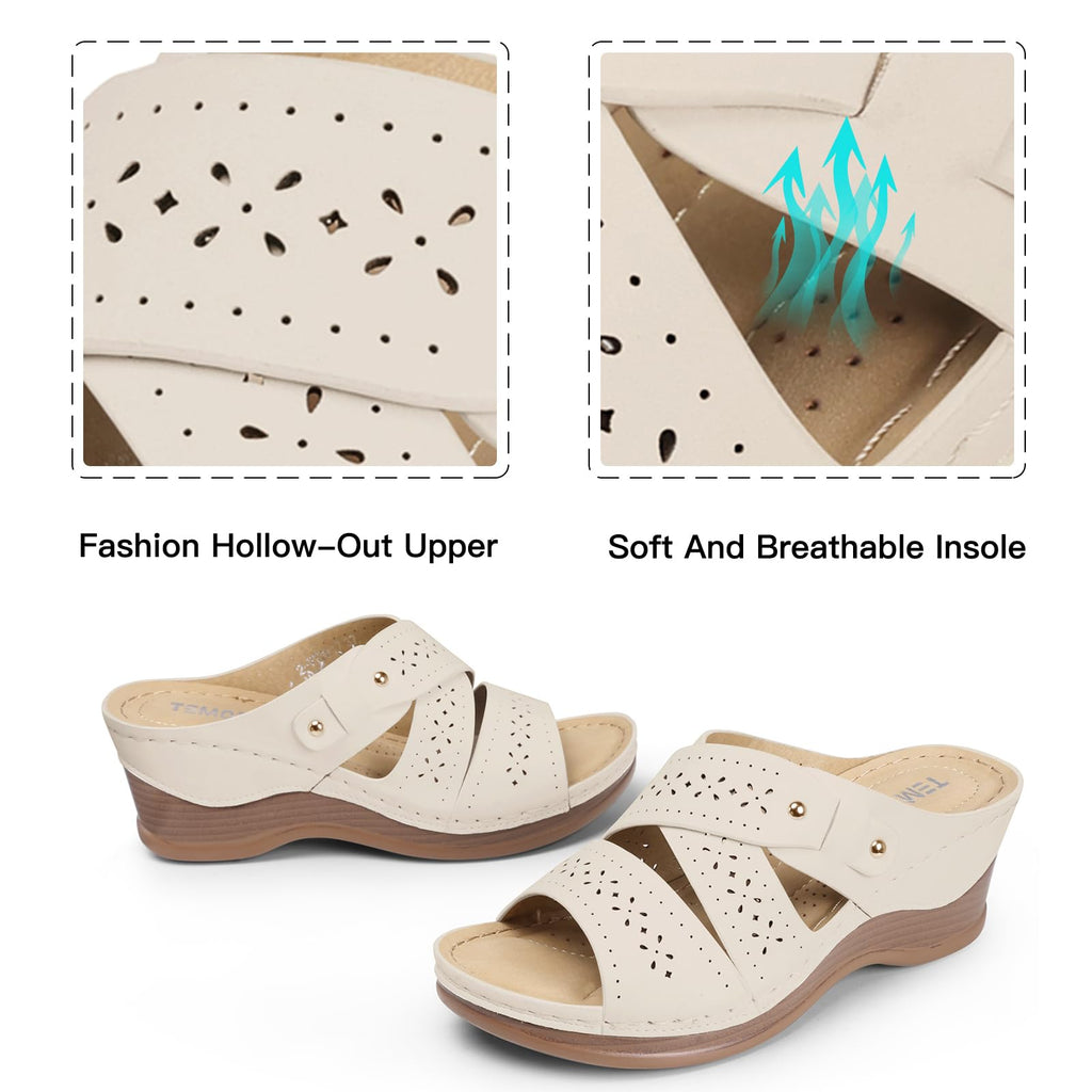 TEMOFON Wedge Sandals for Women Summer: Dressy Low Heel Sandals Black/Navy/White, Comfortable Walking, Arch support, Casual Slip on Summer Shoes, Size 5-11