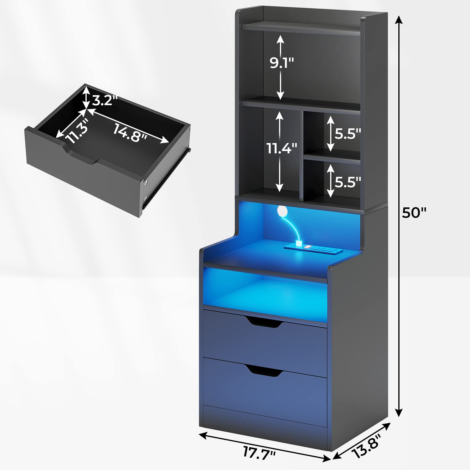 BTHFST Tall Nightstand with LED Lights and Charging Station, LED Black Nightstand with Shelves and 2 Drawers, Bedside Table with Bookshelf, Tall Side End Table with Storage