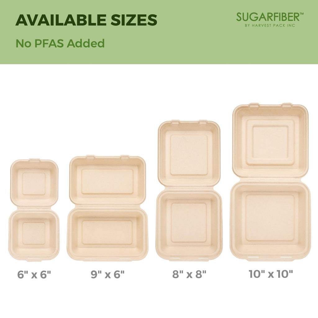 [50 COUNT]Harvest Pack 6 X 6" Compostable Clamshell Take Out Food Containers, PFAS FREE Square To go Containers with Lids, Heavy-Duty Disposable Bagasse Bento Cake Box, Eco-Friendly Sugarcane Fibers